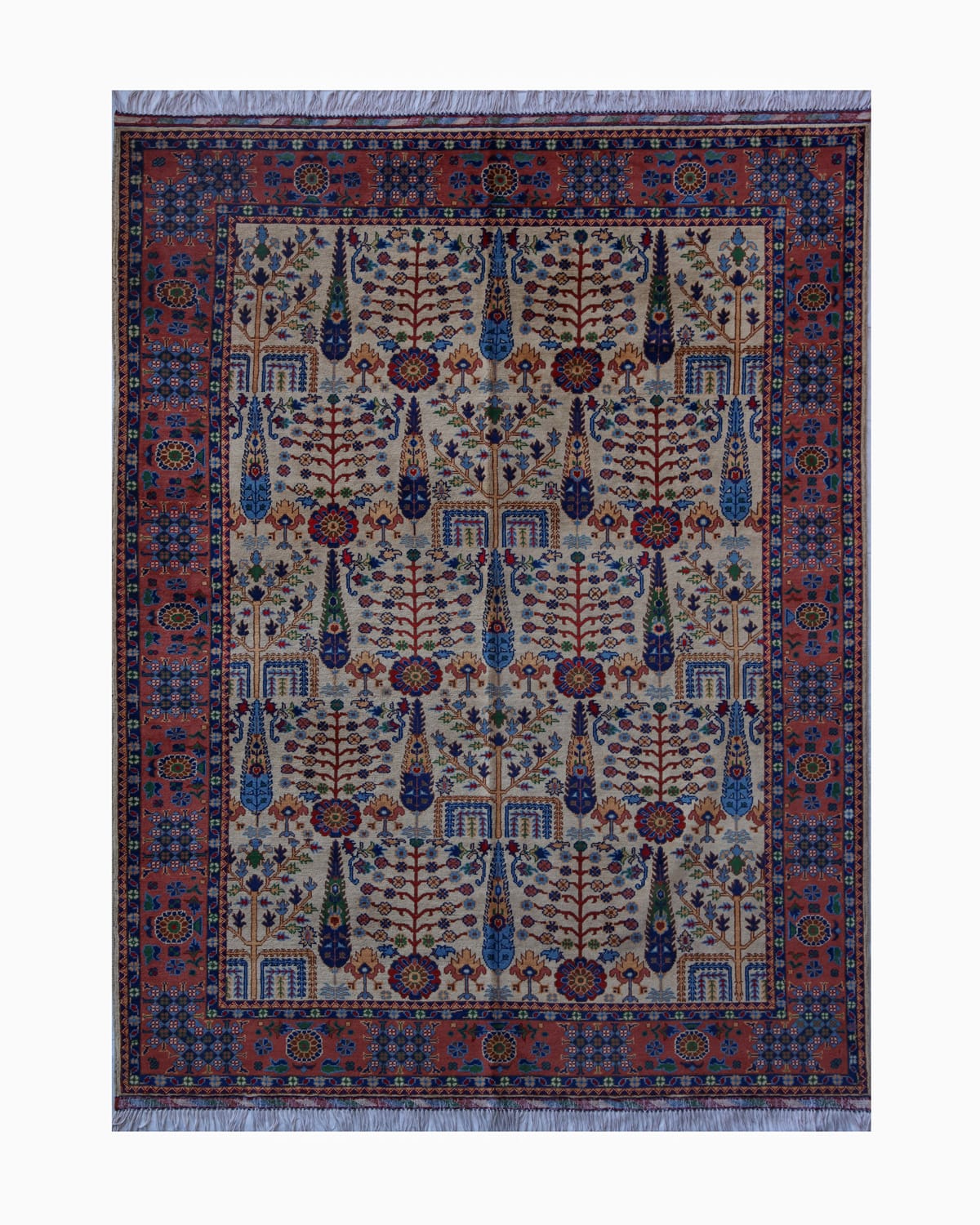 Afghani Rug Tree Design - Cream Merino Wool