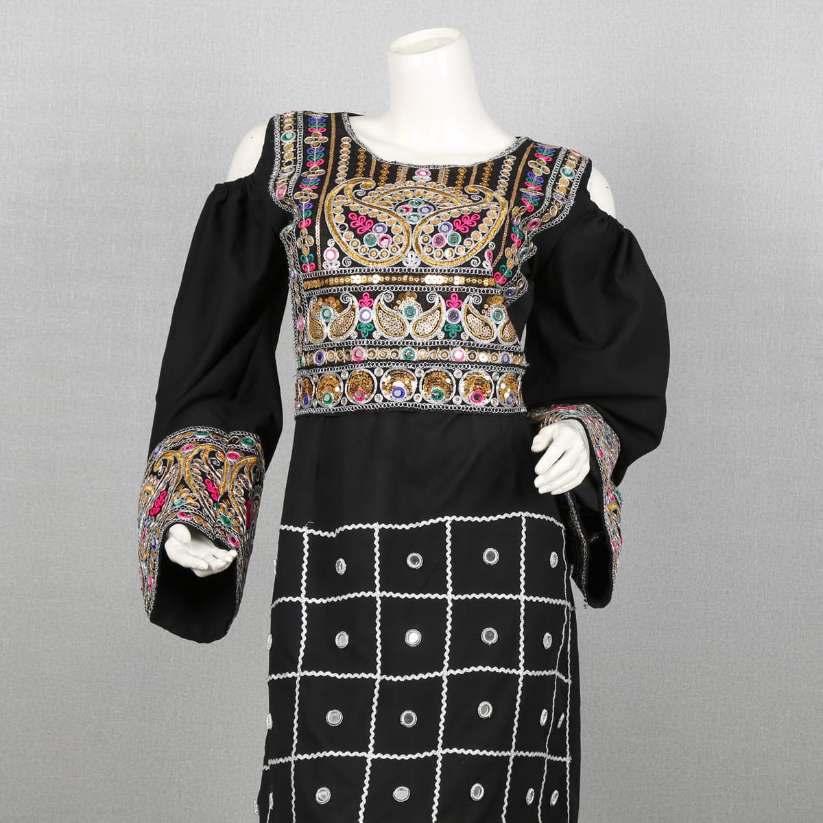 Black Embroidered Afghan Dress with Colorful Detailing