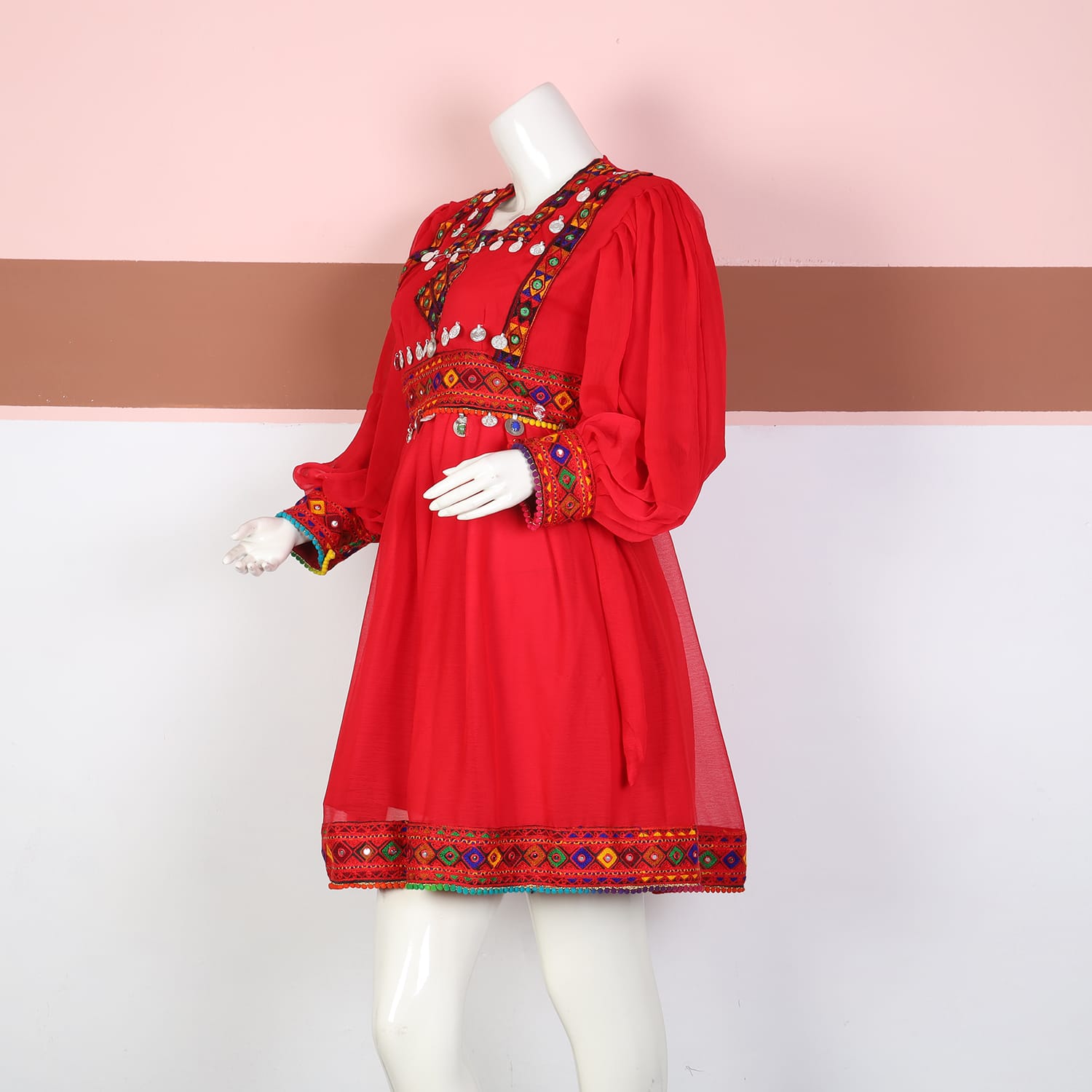 Red Traditional Afghan Dress with Colorful Embroidery and Coin Embellishments