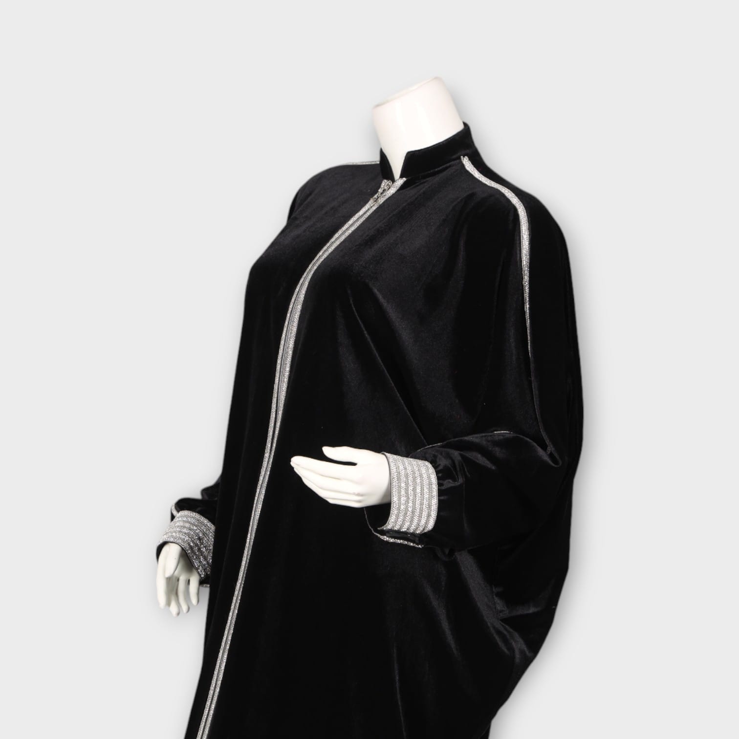 Black Velvet Abaya with Silver Embellished Trim