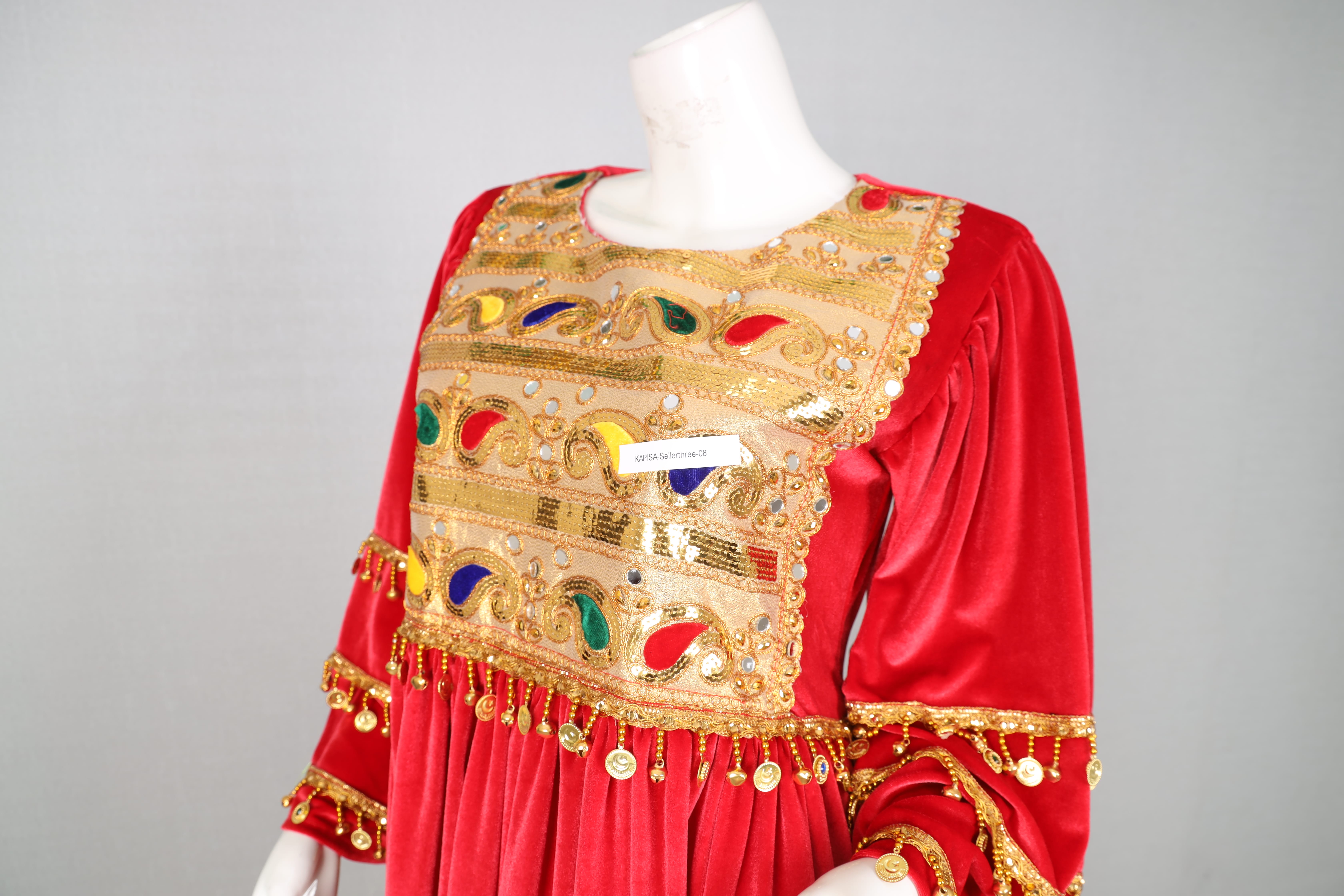 Red Traditional Velvet Dress with Golden Embroidery