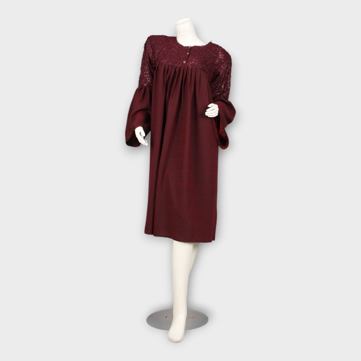 Maroon Modest Dress with Lace Yoke and Flared Sleeves