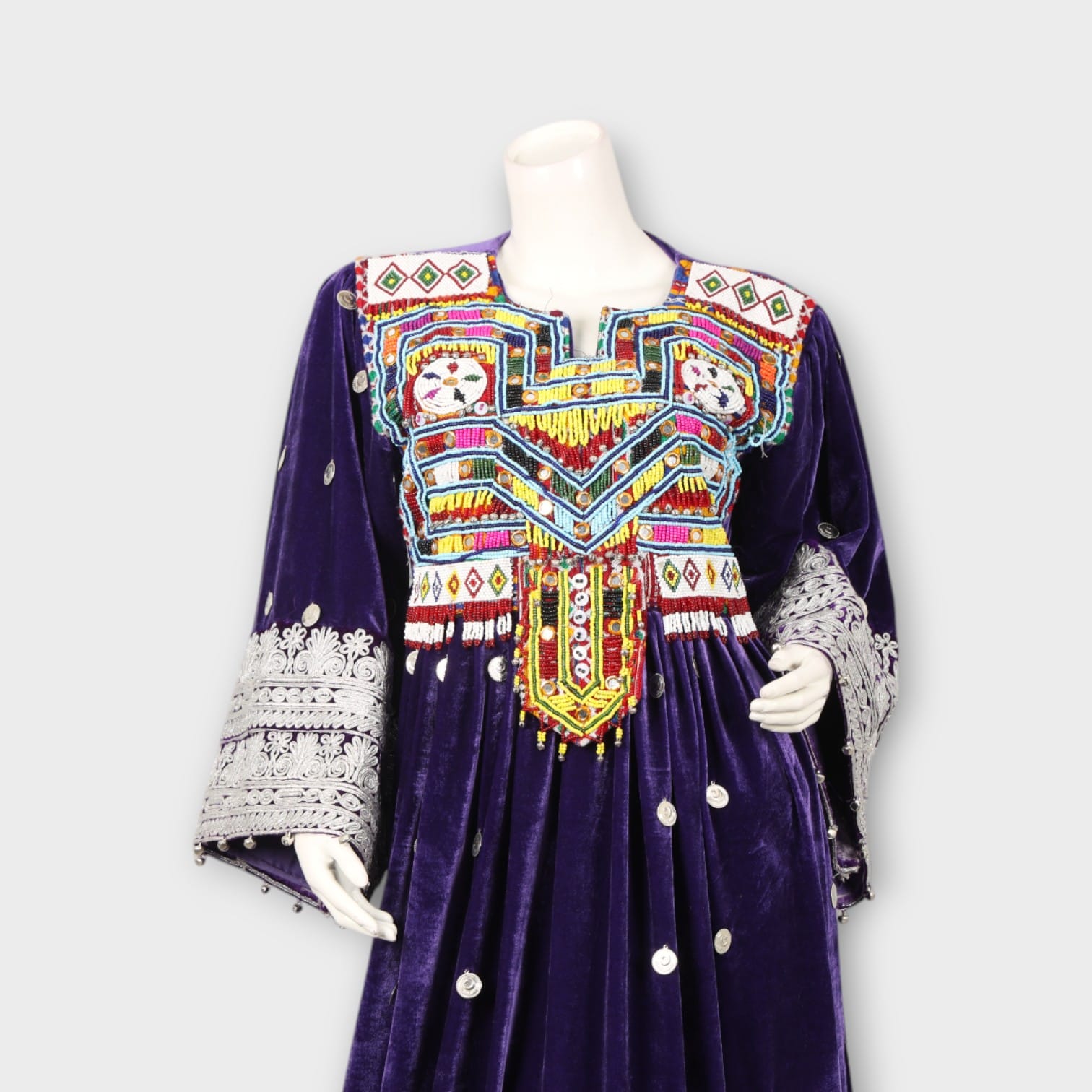 Royal Purple Afghani Velvet Dress with Embroidery and Silver Detailing