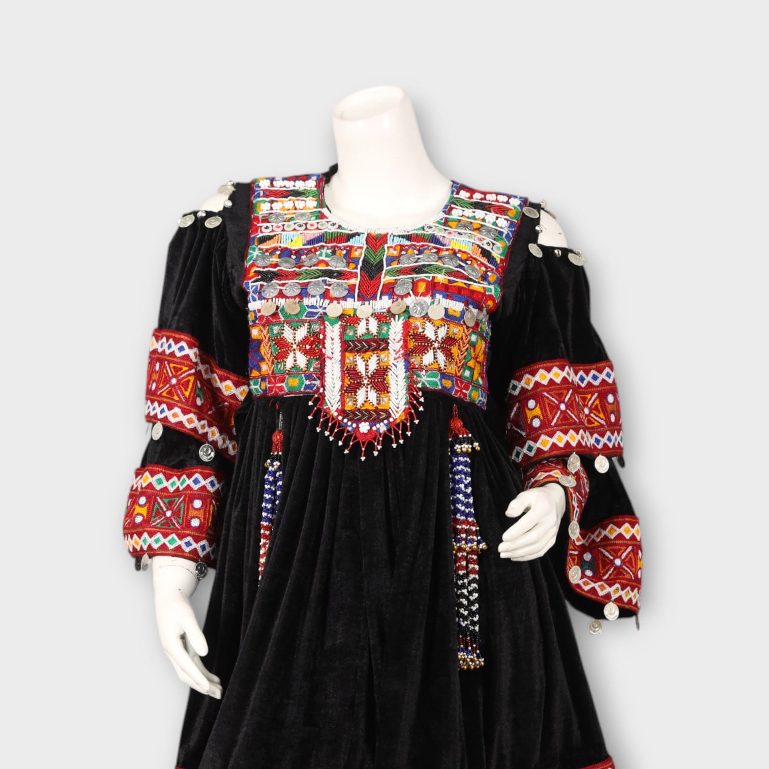 Black Velvet Afghani Dress with Red Embroidered Sleeves and Orange Salwar
