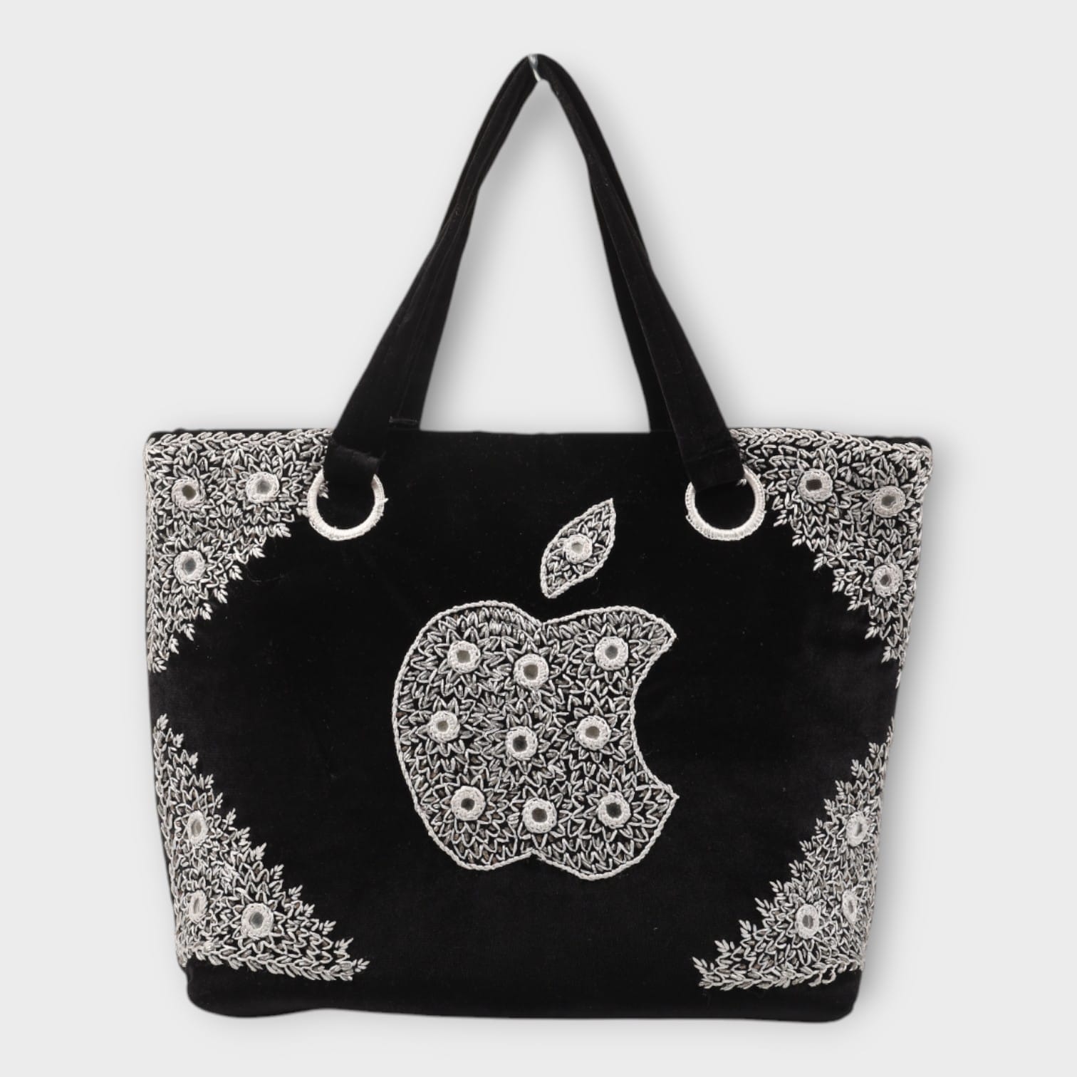 Black Velvet Handbag Set with White Embroidery (3-Piece Set)
