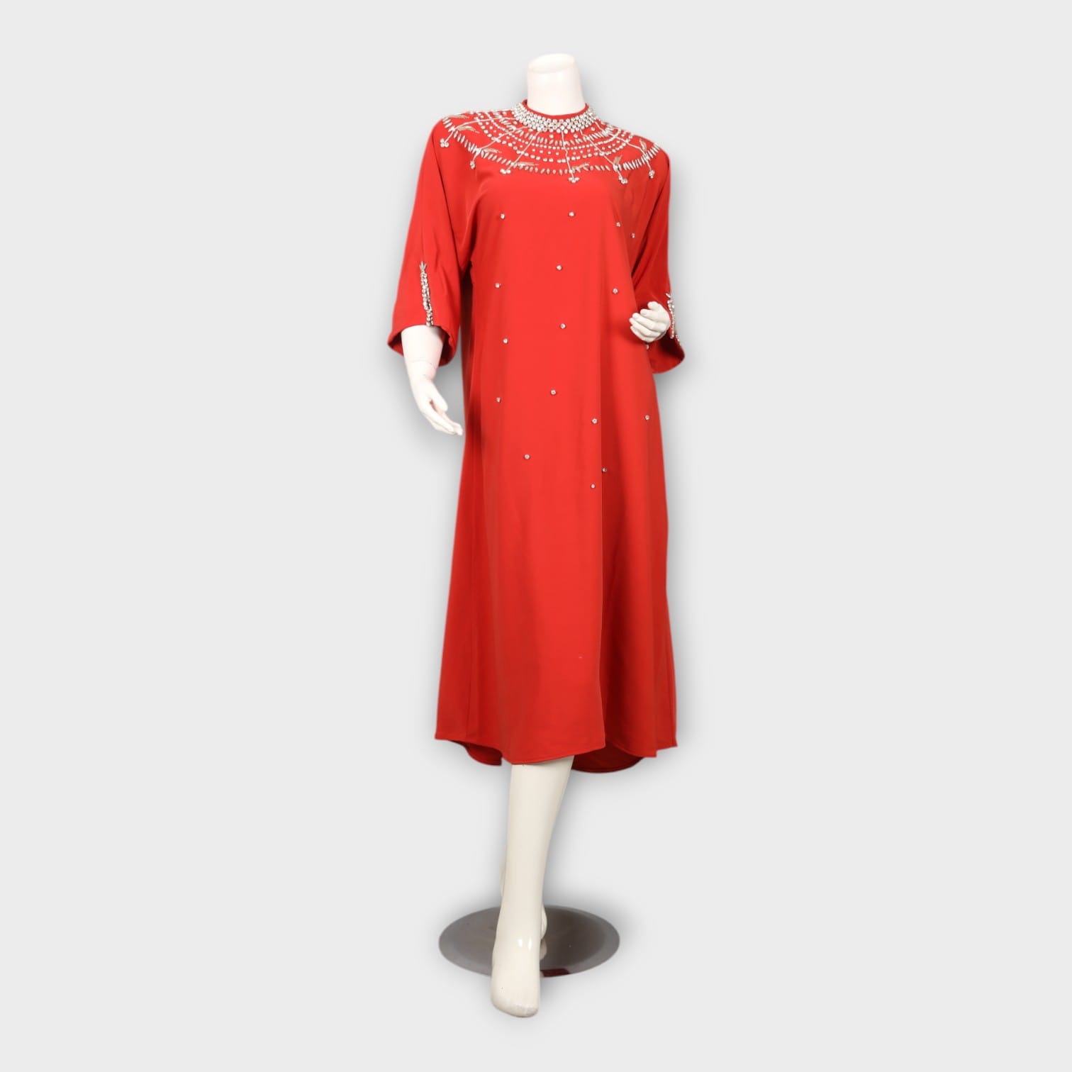 Red Kaftan Dress with Beaded Neckline and Sleeve Embellishment