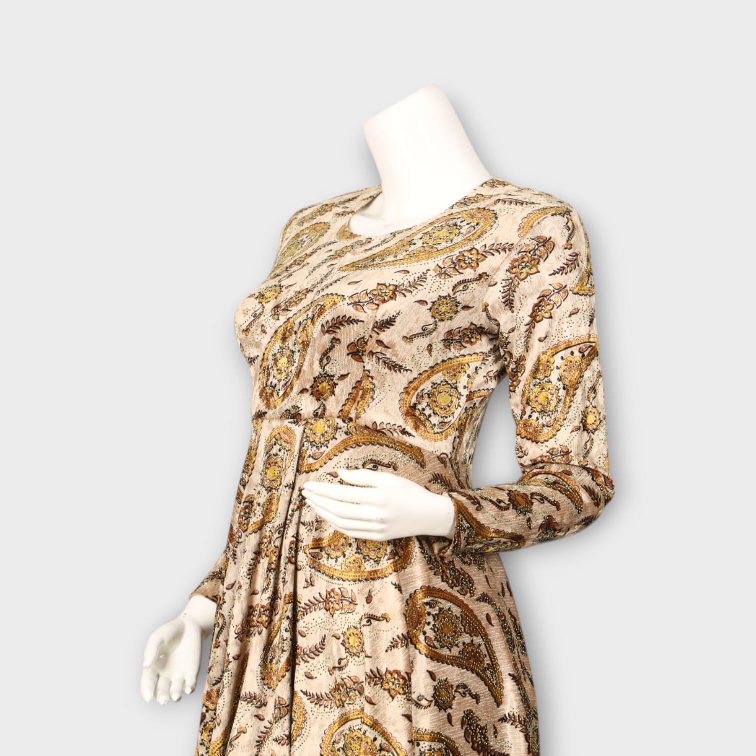 Beige Paisley Print Long Sleeve Mini Dress