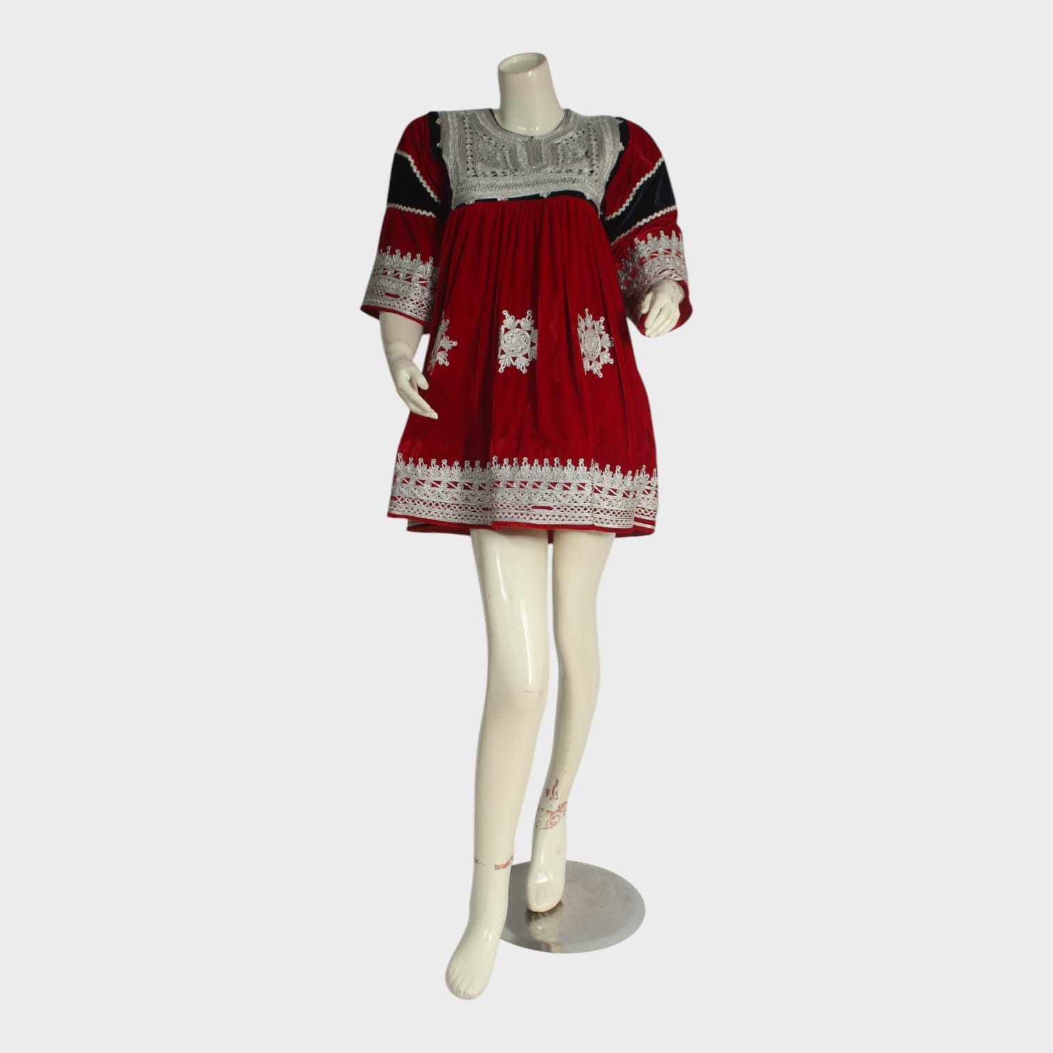 Afghani Velvet Dress in Red with White Embroidery 
