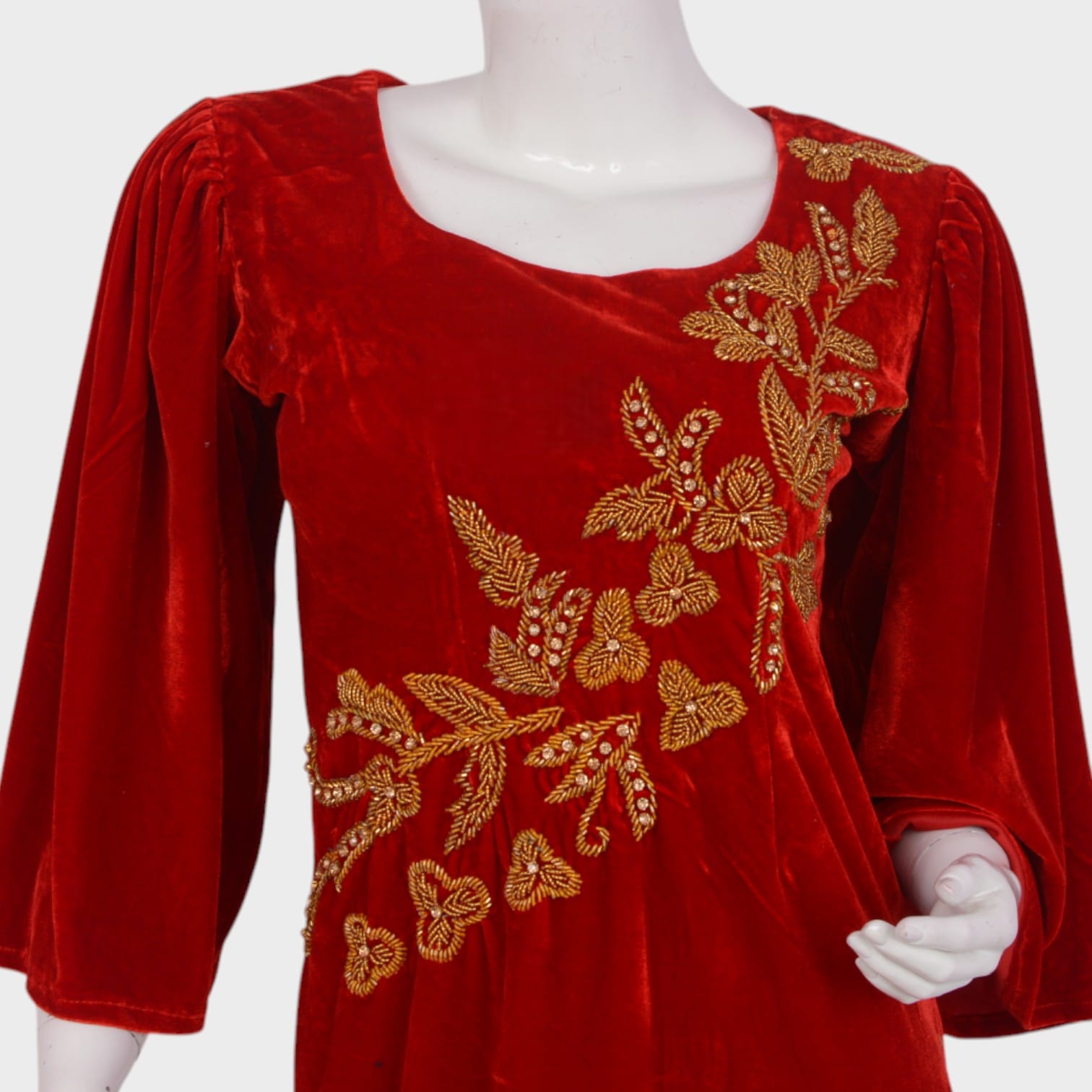 Afghani Red Velvet Dress with Gold Floral Embroidery