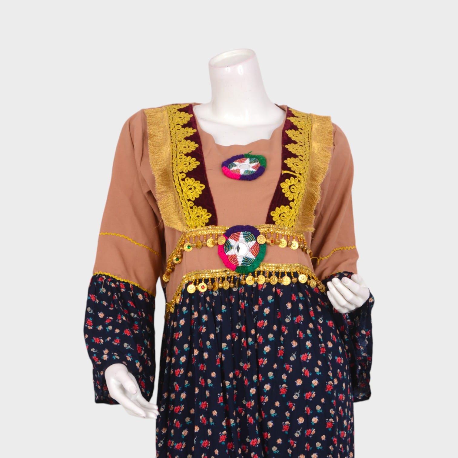 Classic Afghani Floral Dress with Embroidered Waist and Golden Trim