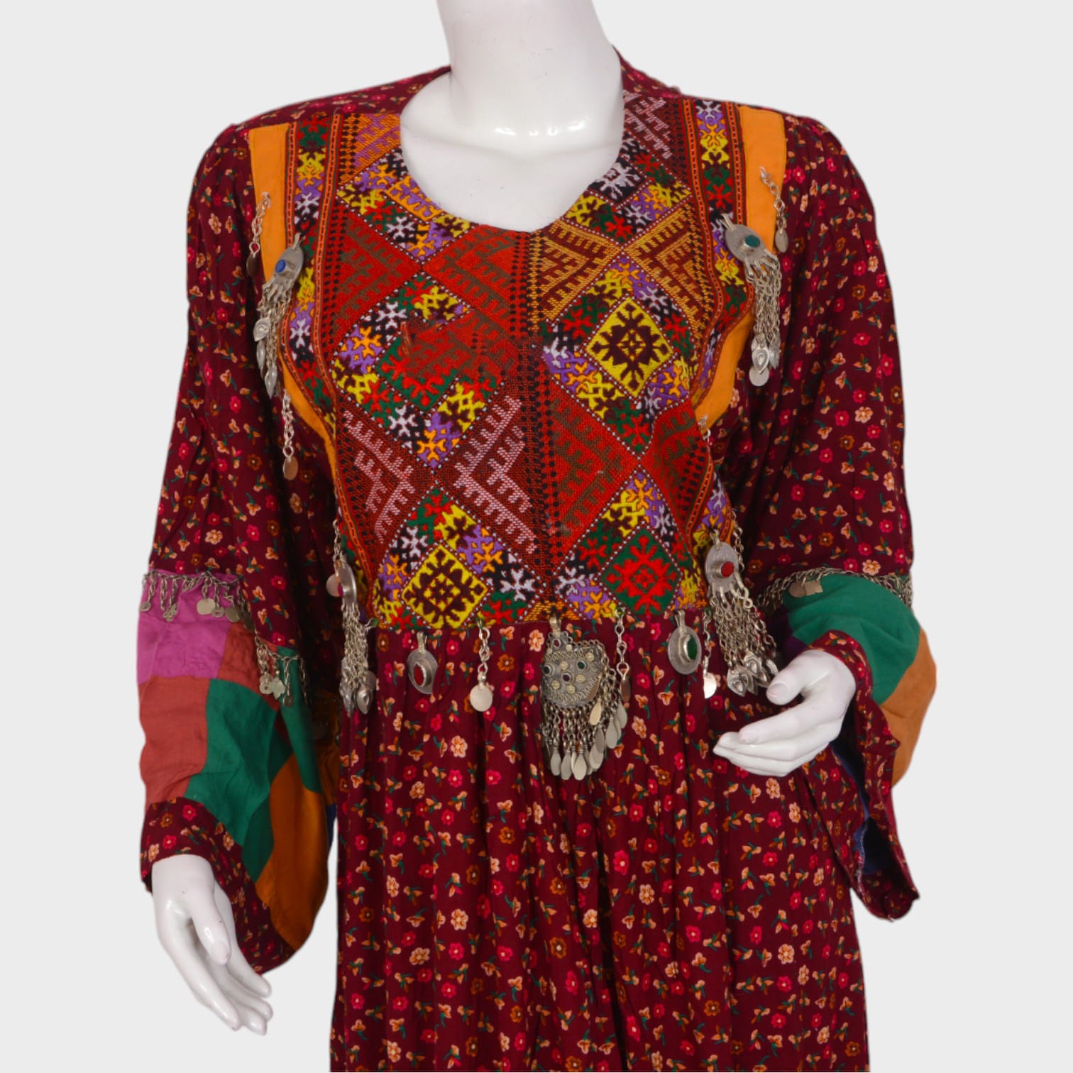 Bohemian Red Afghani Dress with Patchwork Border and Traditional Embroidery