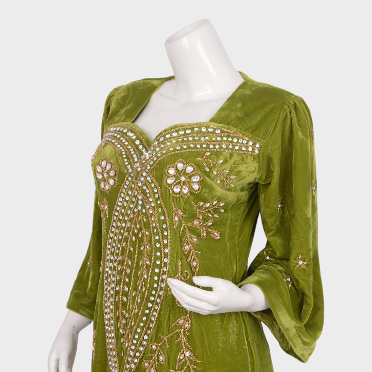 Olive Green Embellished Velvet Maxi Dress