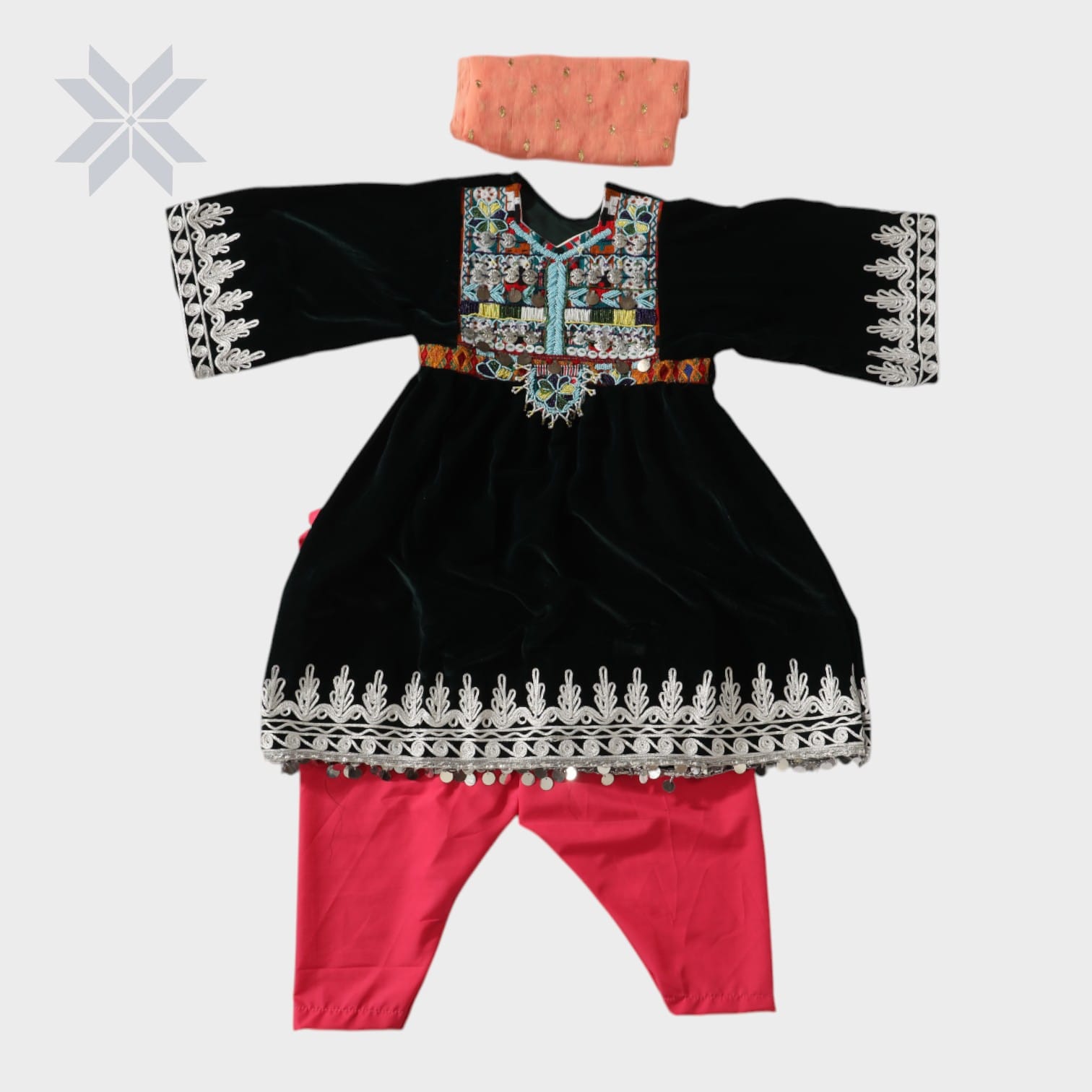 Traditional Black Velvet Afghani Dress Set (Kids)