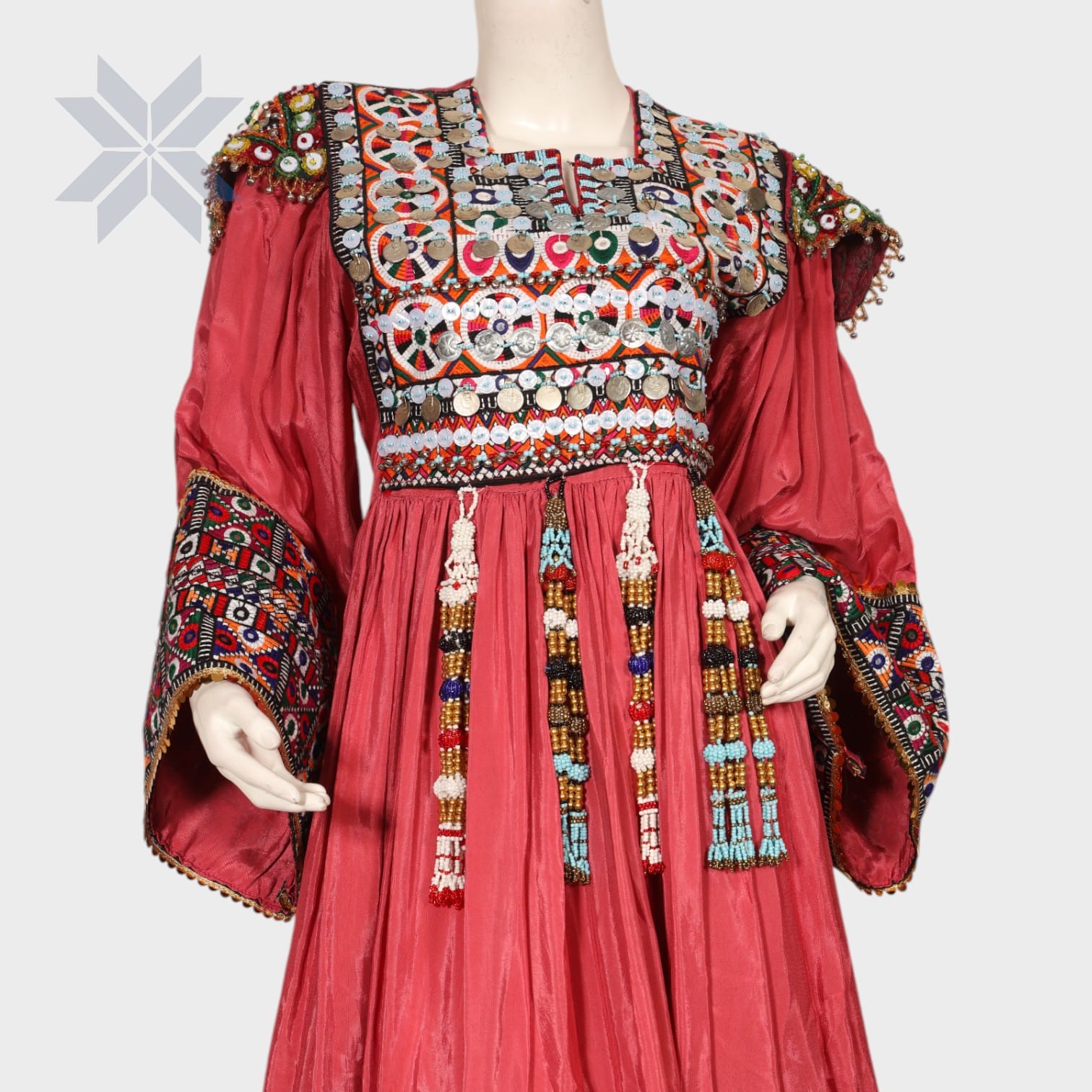 Rose Red Traditional Afghani Dress with Embroidered Patches