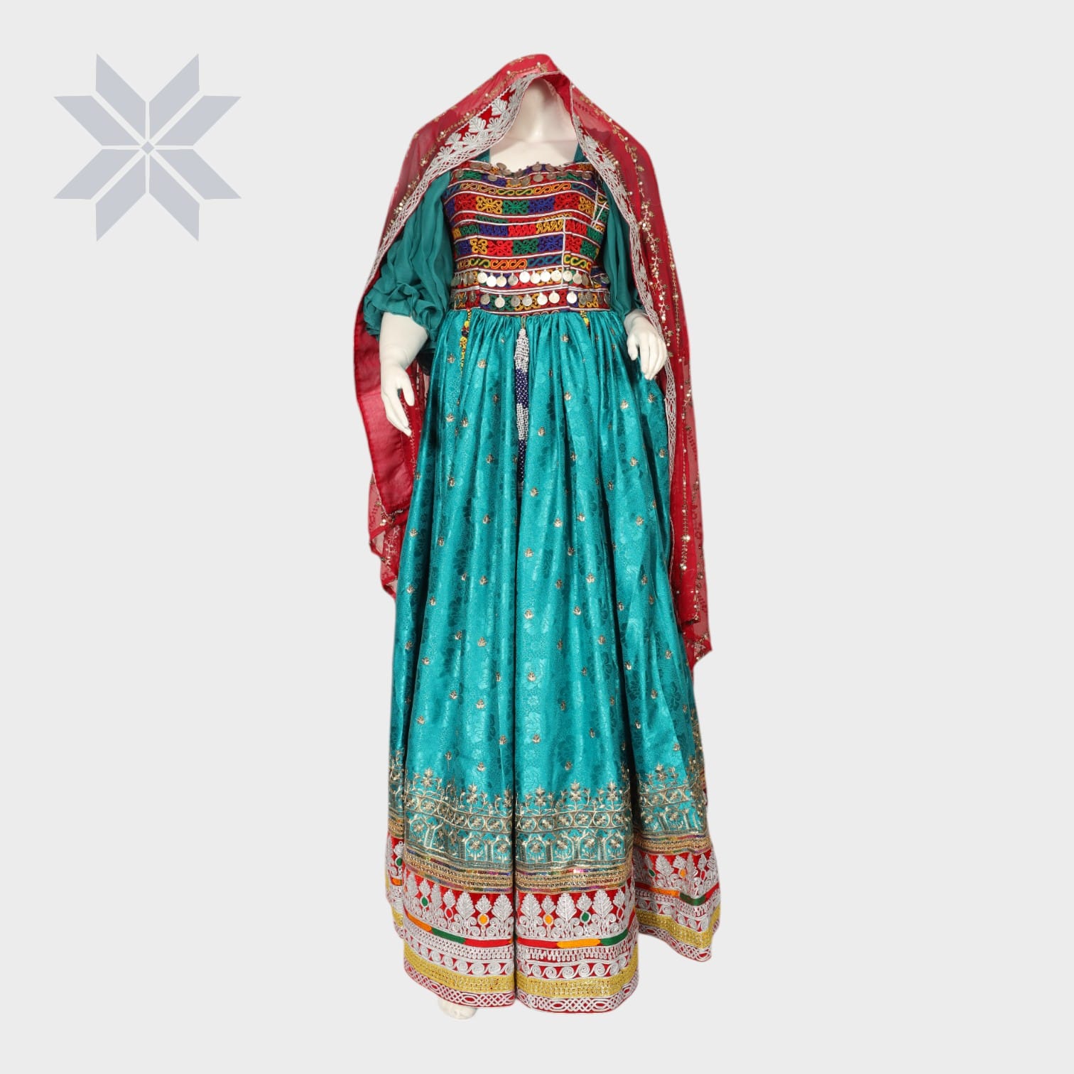  Turquoise and Red Traditional Afghani Dress Set