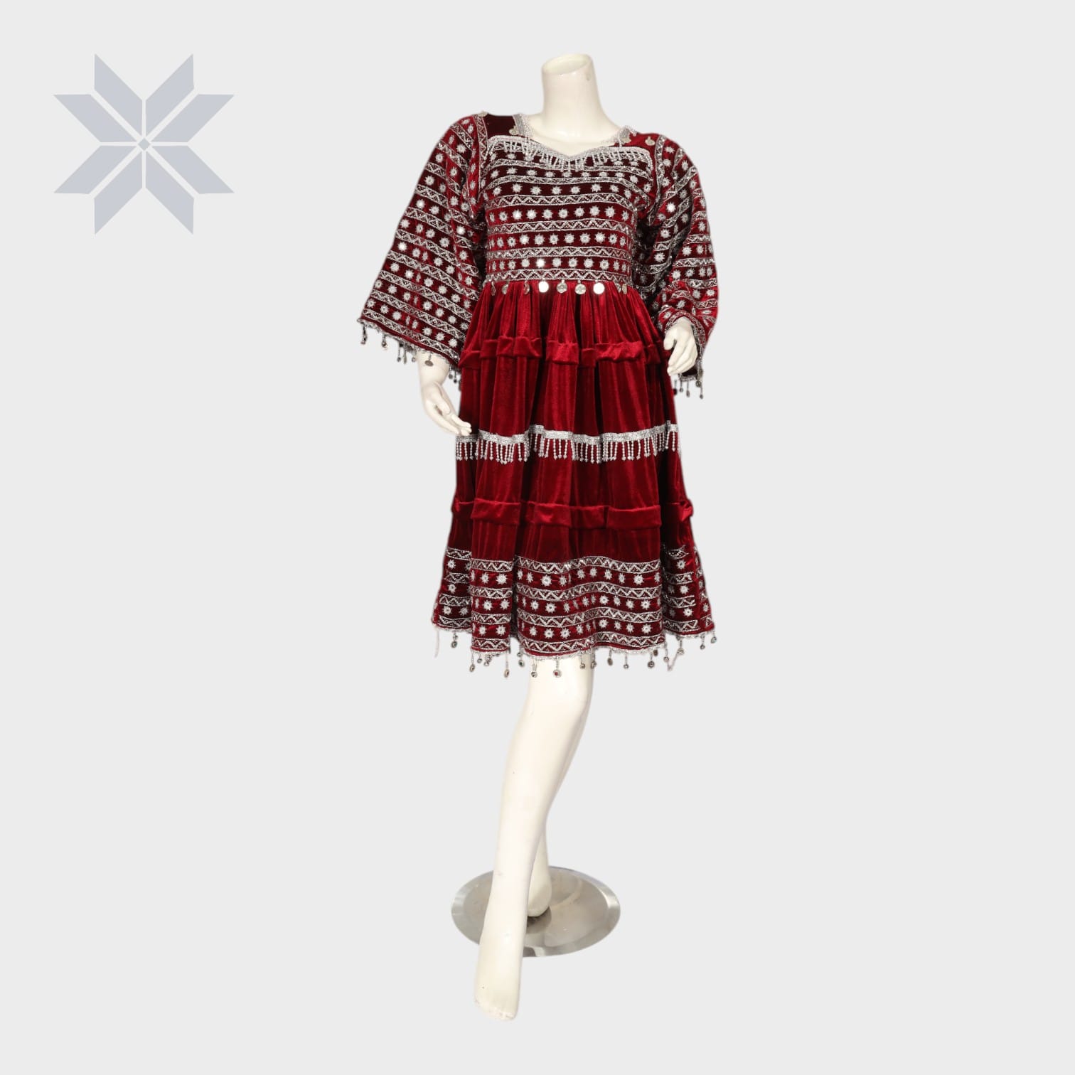  Maroon Embroidered Velvet Afghani Dress