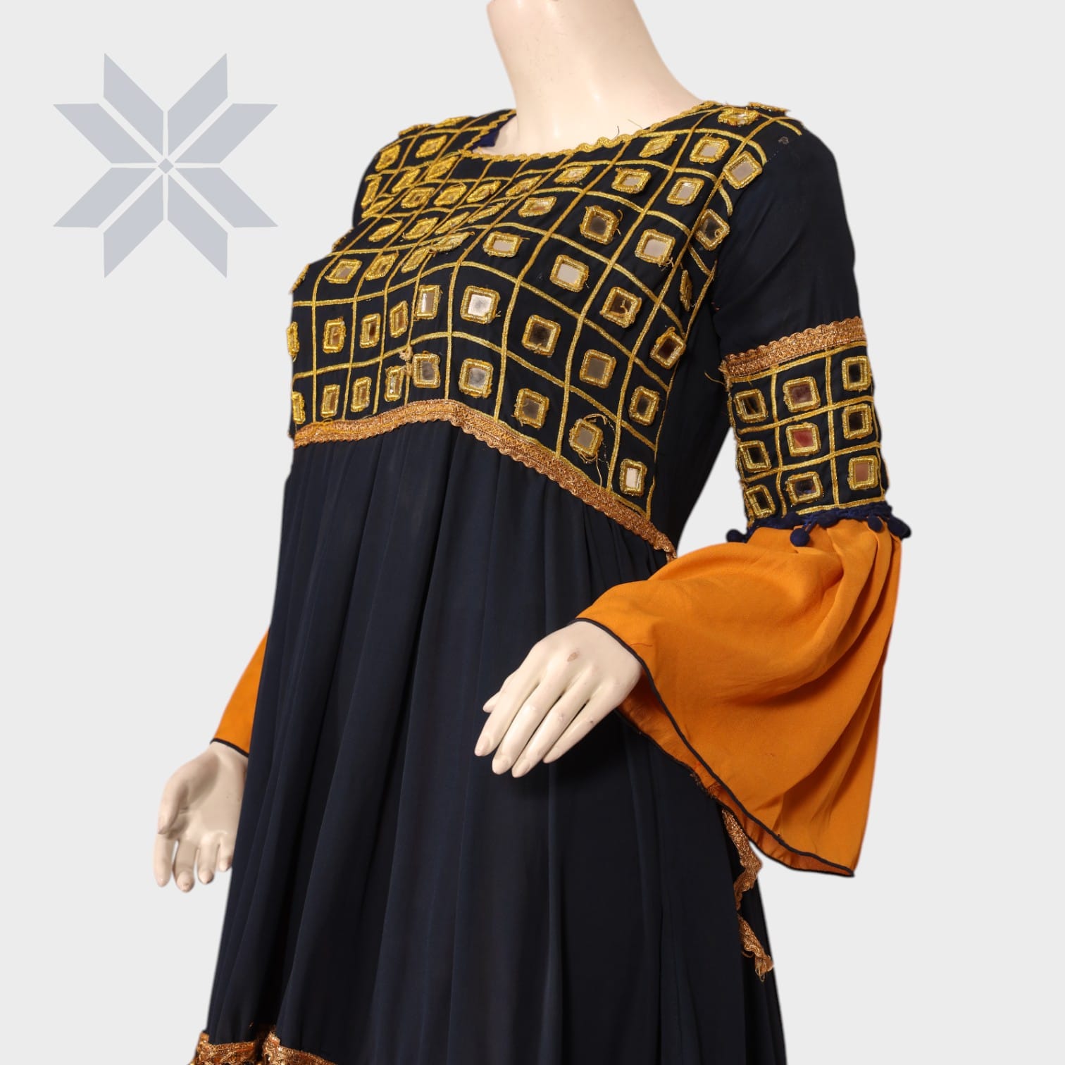 Zarina Navy & Mustard Embroidered Afghani Dress