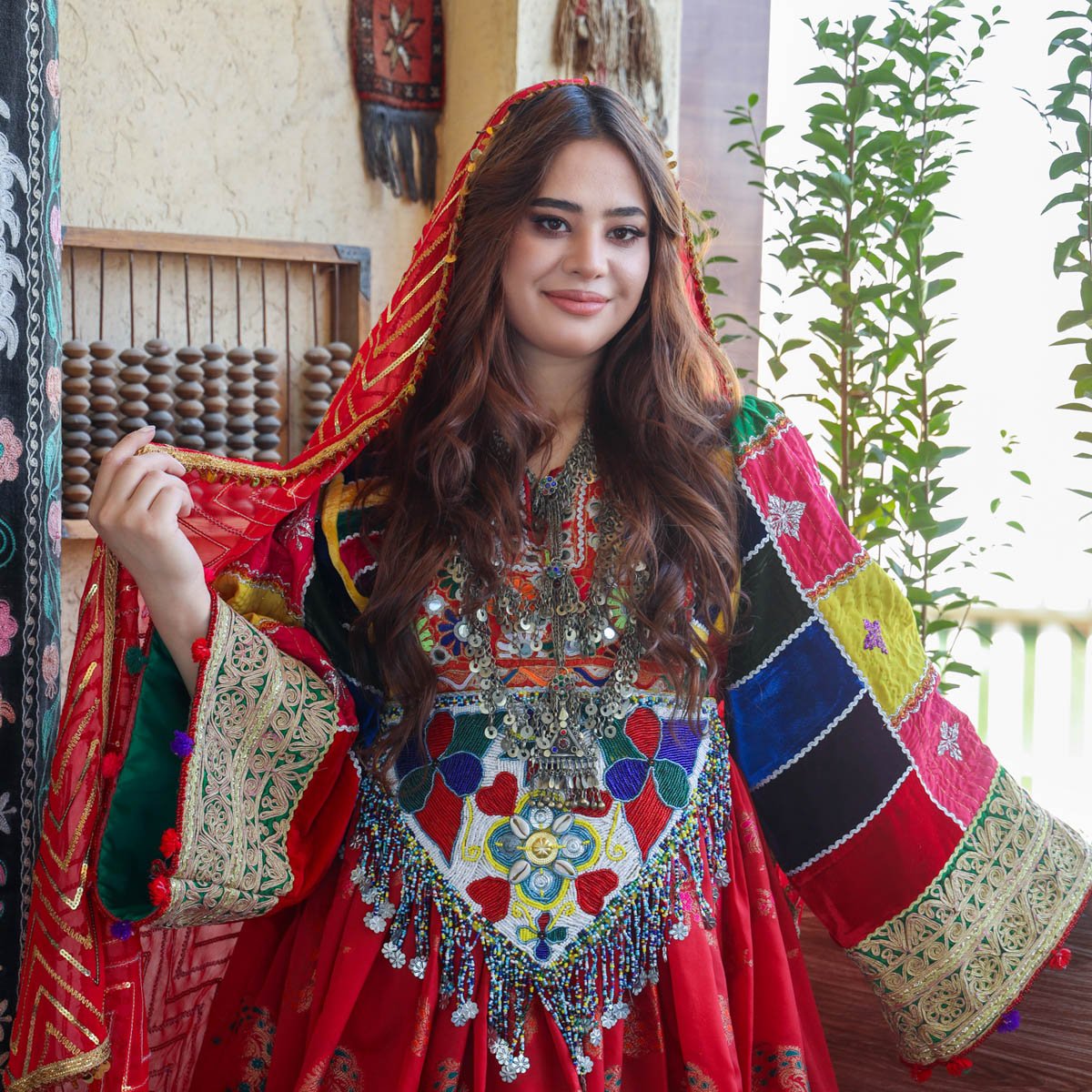 Afghan Embroidered Dress, red color 