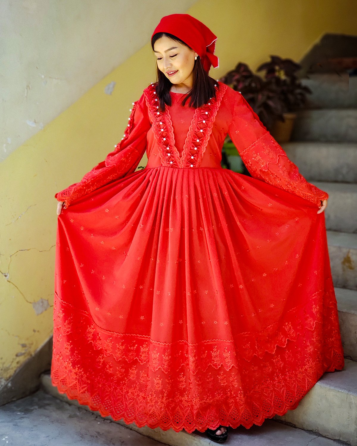 Red Do-Damana Vail Hazargi Dress | Crepe Pleated Skirt Long Frock 