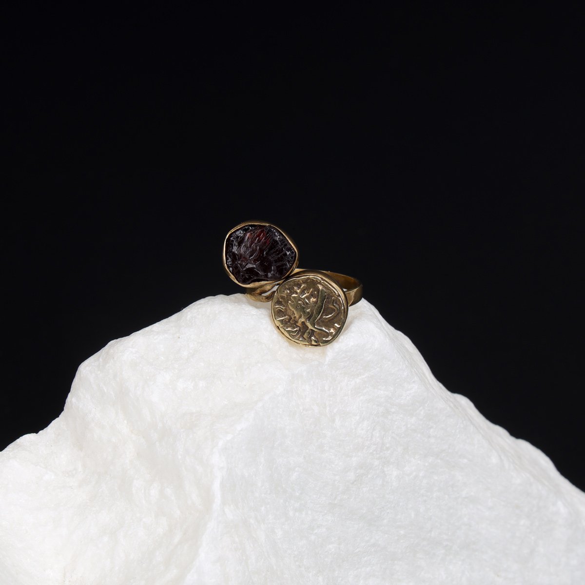 Garnet Stone Vintage Coin Ring | Bronze Two-Stone Ring