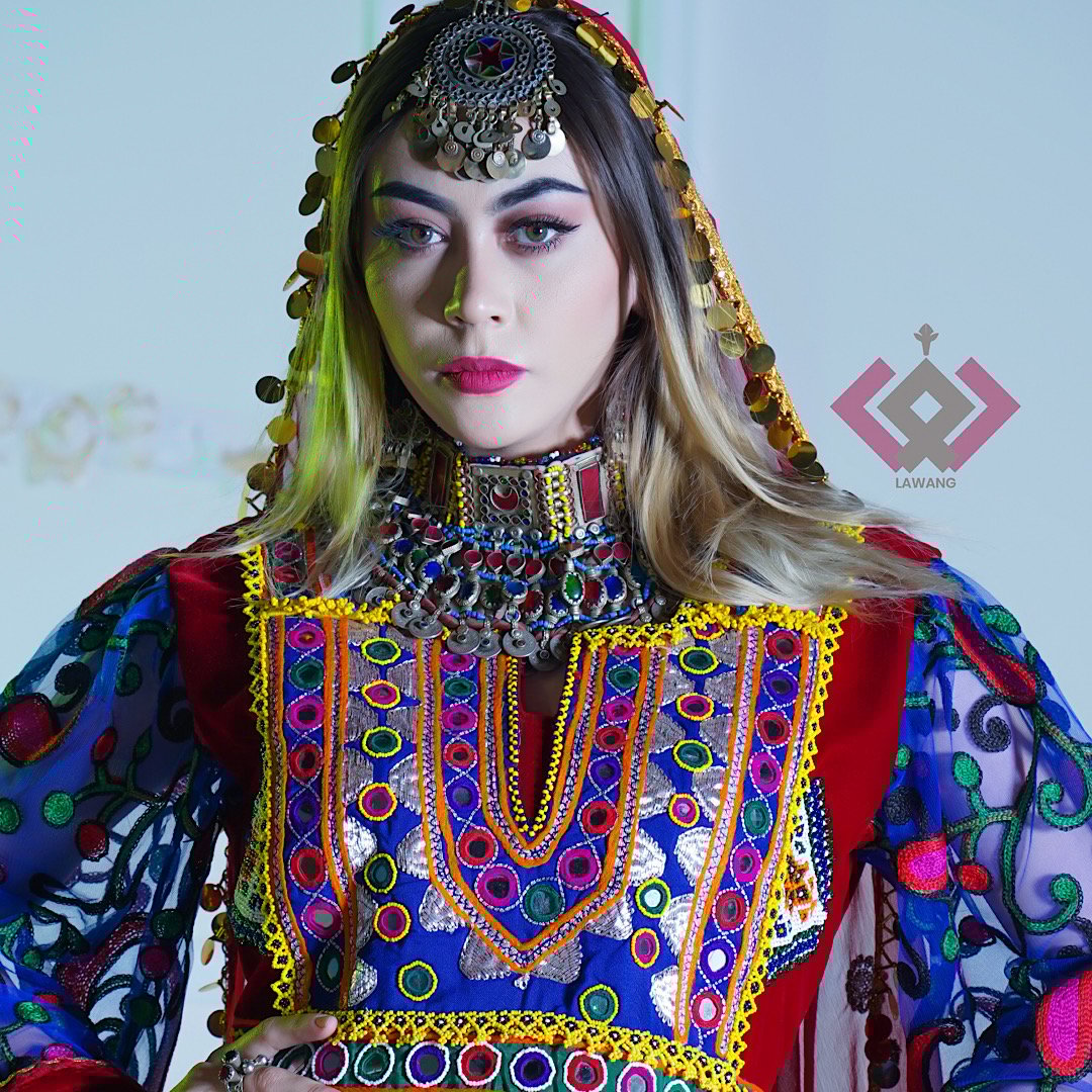 Blue Cherma Embroidered Gande Afghani | Pleated Skirt Dress with Trousers & Shawl