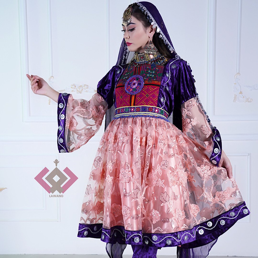 Pinkish Purple Floral Net Afghan Dress | Pleated Skirt Dress with Trousers & Shawl