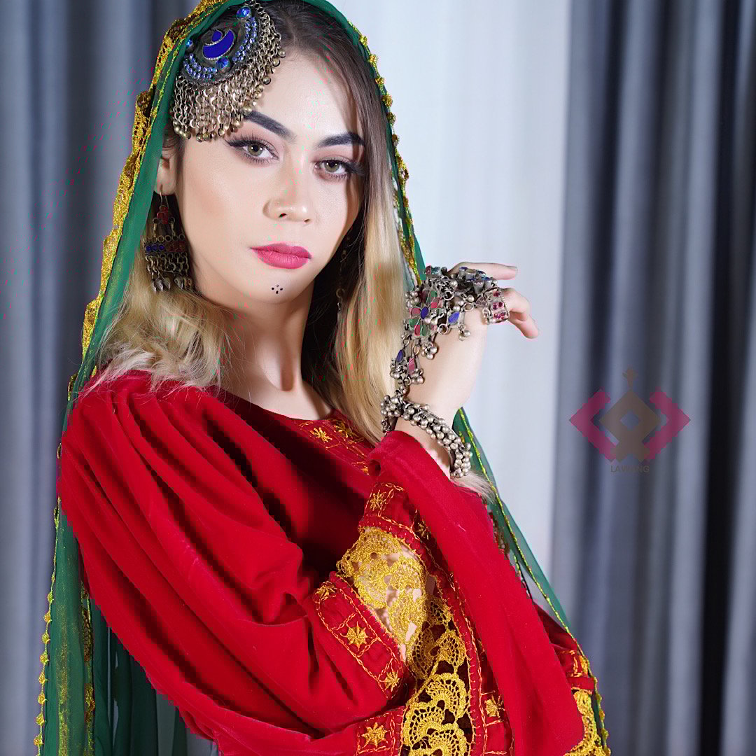 Red Velvet Embroidered Afghan Dress | Pleated Skirt Frock with Trousers & Shawl