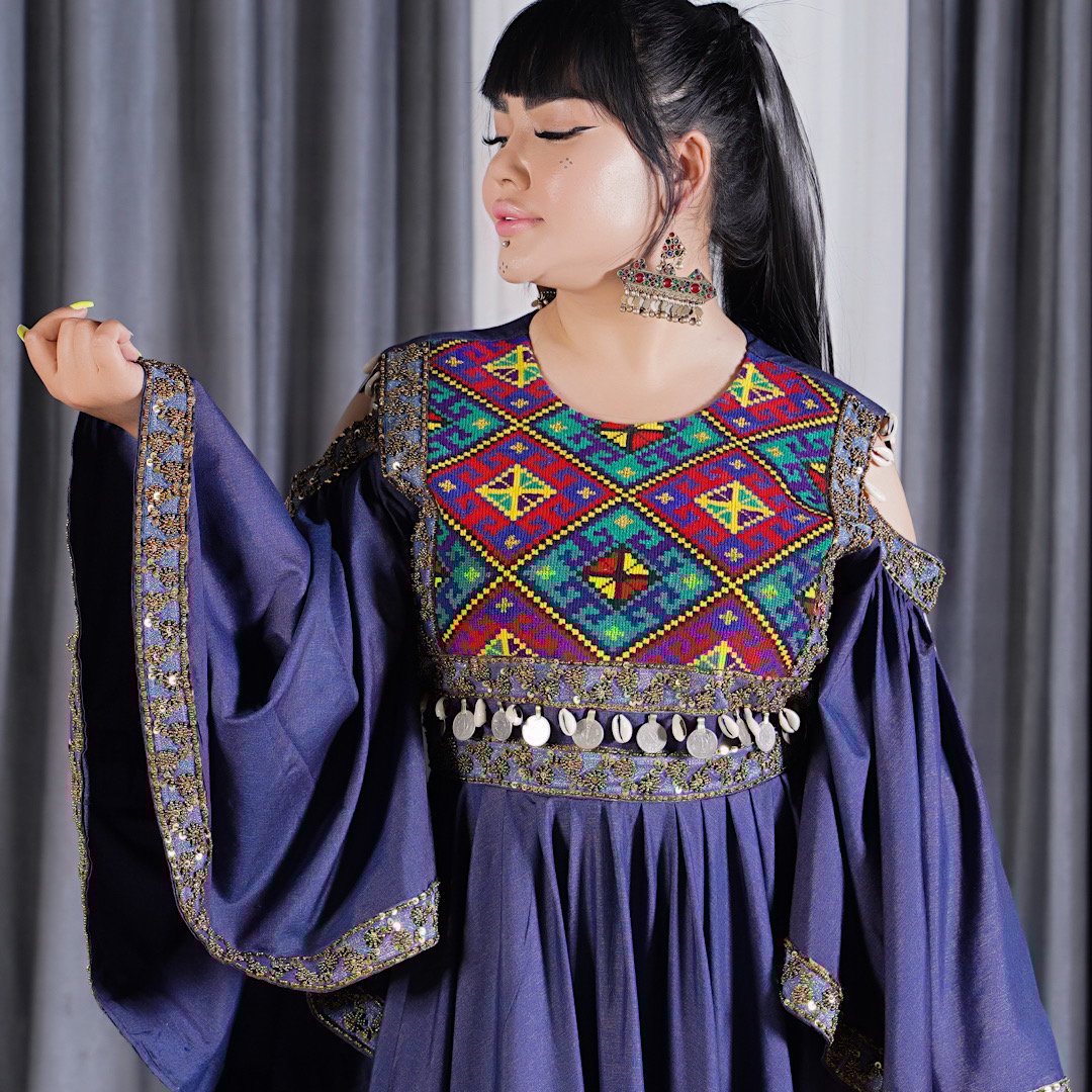 Purple Graph Embroidered Prarie Skirt Dress | Open Flared Sleeves Afghan Bridal Dress 