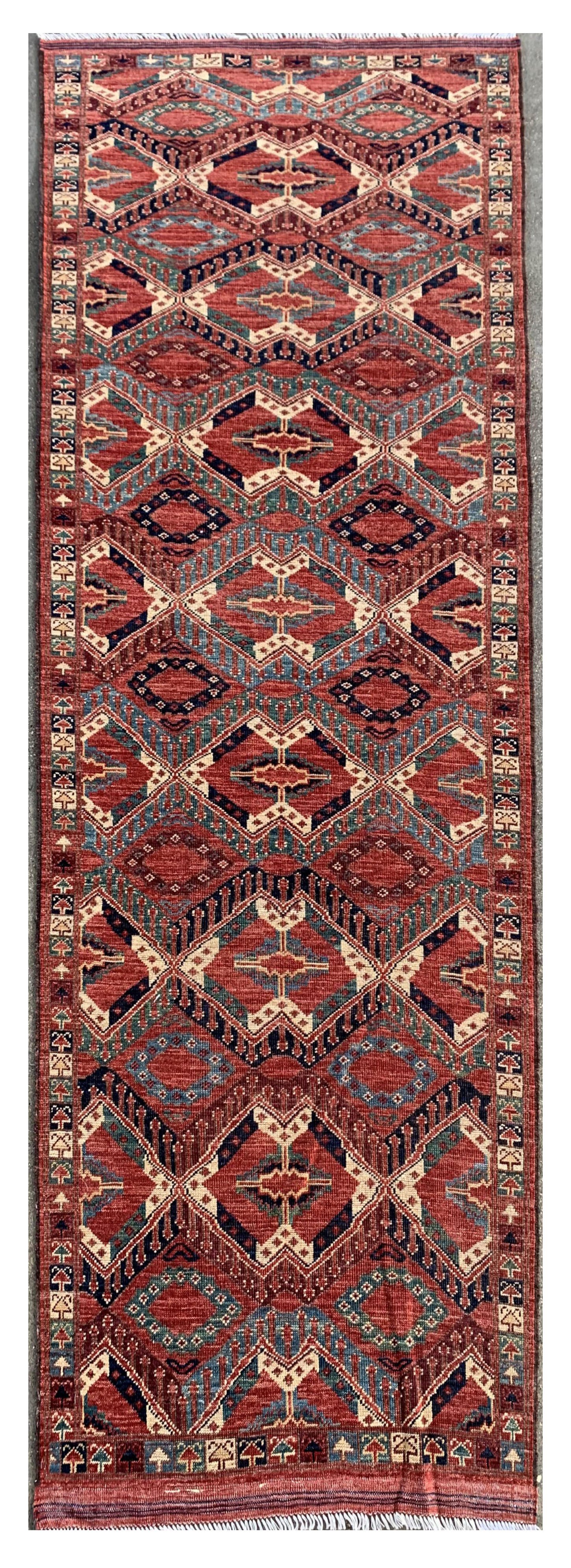 Tea Rose Qabqazistan Afghan Handmade Rug | Turkmen Weave Runner Rug 8 X 2.80 (ft)