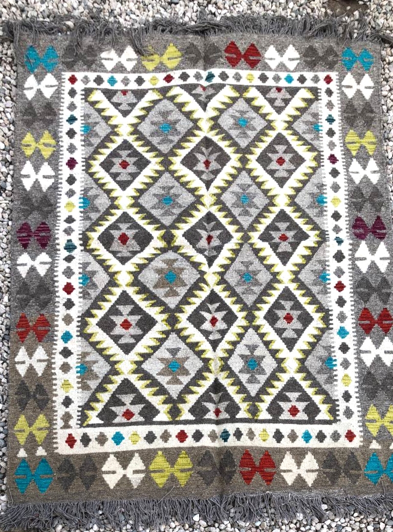 Gray Handmade Afghan Tribal Faryab Kilim  | Hand-knotted Area Carpet 6' 5" x 4' 9"