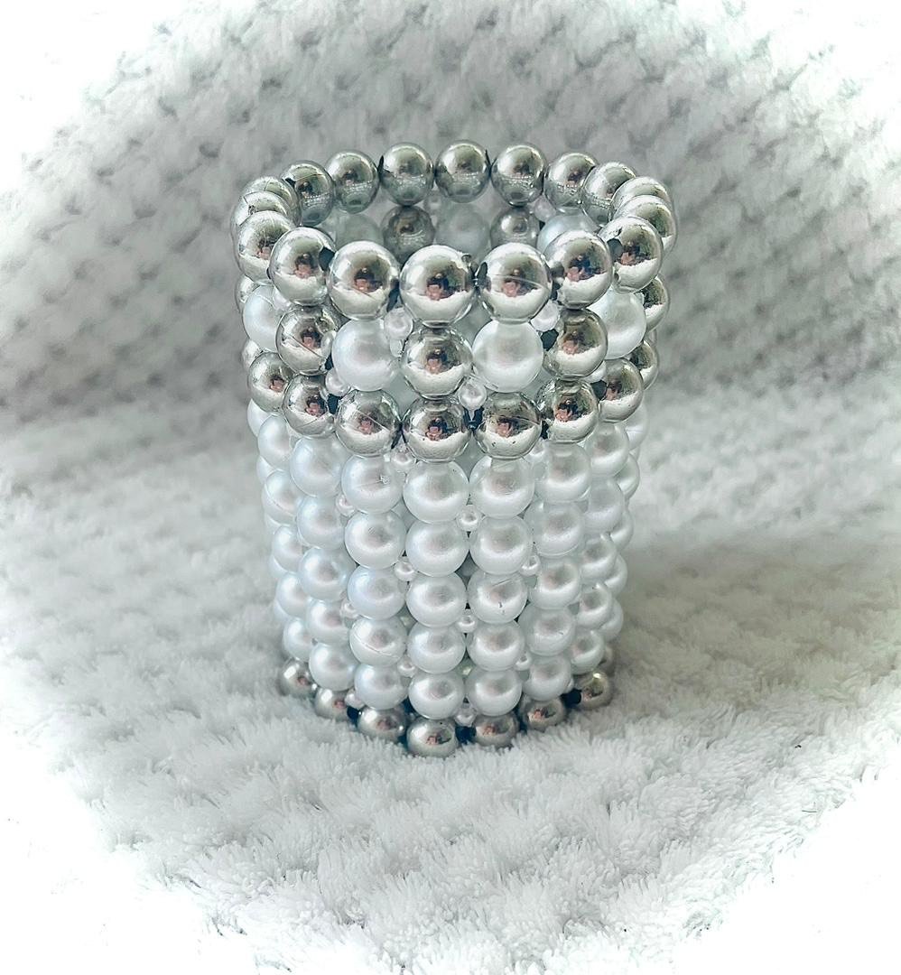 Grayish White Handmade Pen Holder | Beaded Round Table Pend Holder 