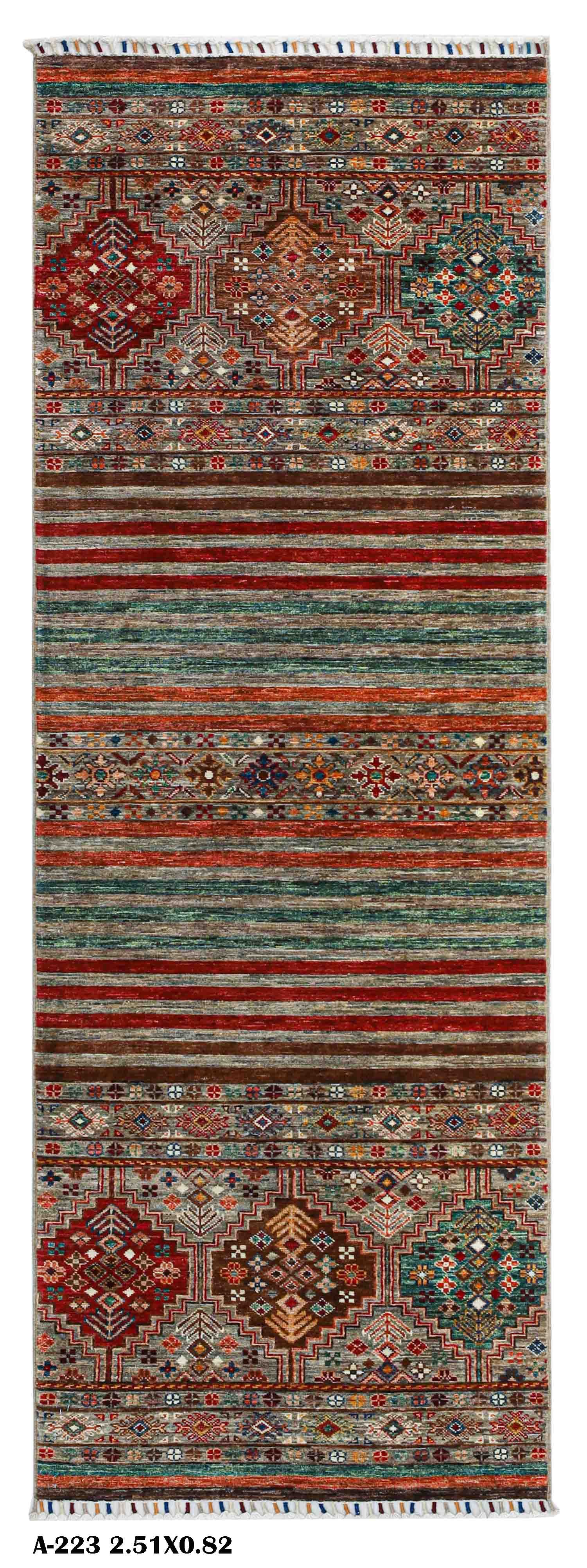 Khurjun Design Afghan Handmade Runner Rug | Turkish Knot Rug 8.2"" X 2.7"" (ft)