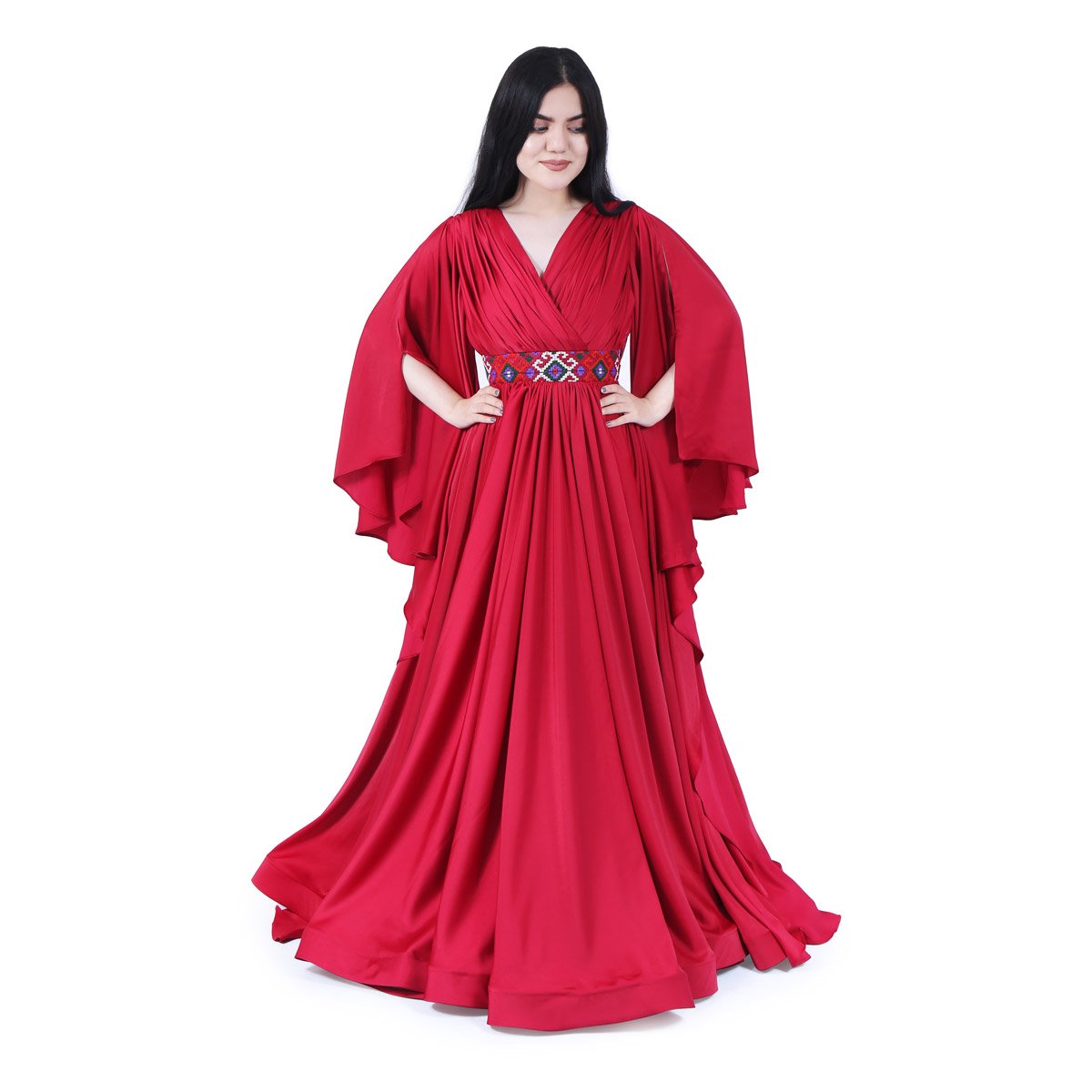 Red Sunray Pleated Party Dress | Silk Flared Sleeve Frock