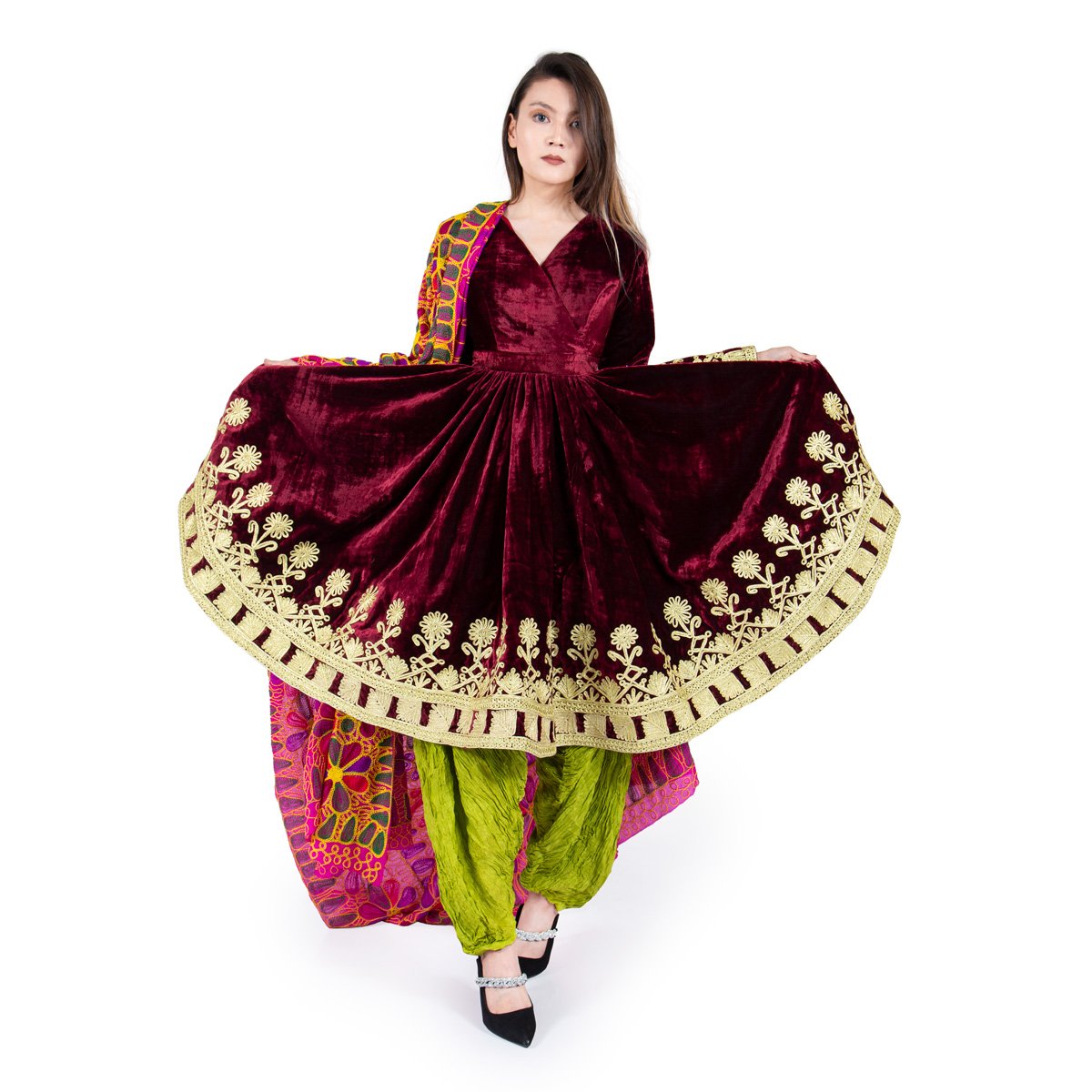 Maroon Red Velvet Kuchi Embroidered Fancy Frock | 3 Piece Suit