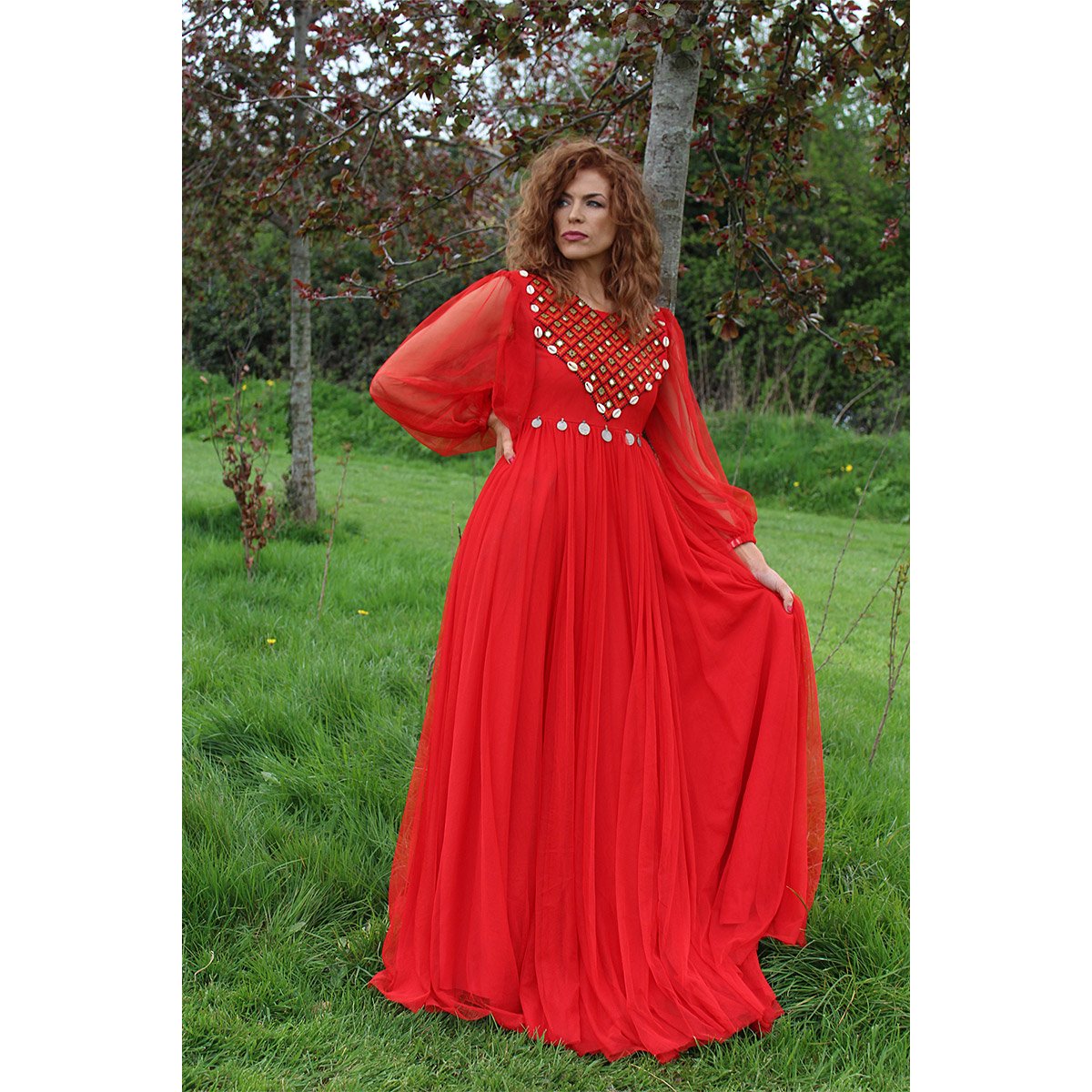 Red Party Wear Pleated Maxi | Puffed Sleeve Long Gown 