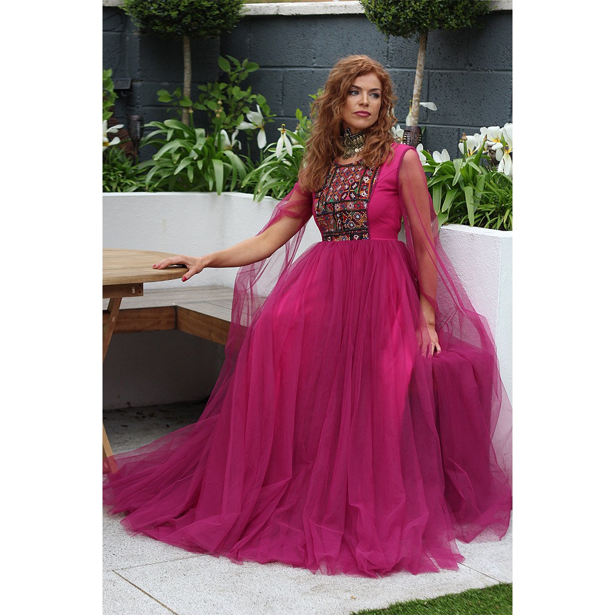 Dark Pink Sunray Pleated Long Dress | Slit Sleeve Long Party Wear Maxi 
