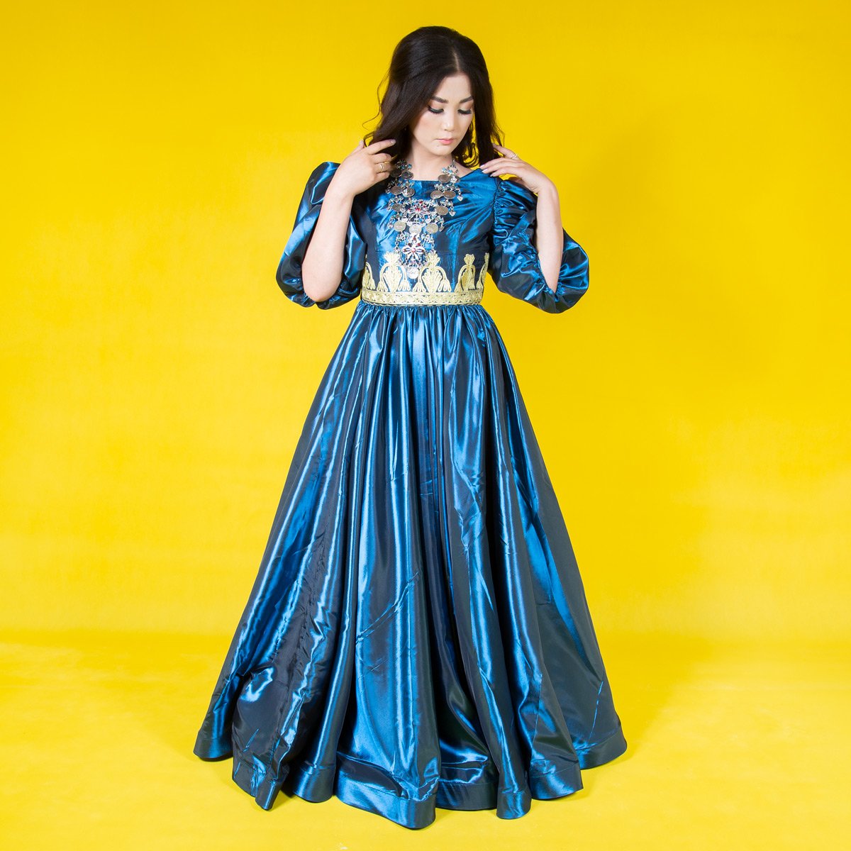 Qanawiz Embroidered Dress | Blue Pleated Frock With Puff Sleeves
