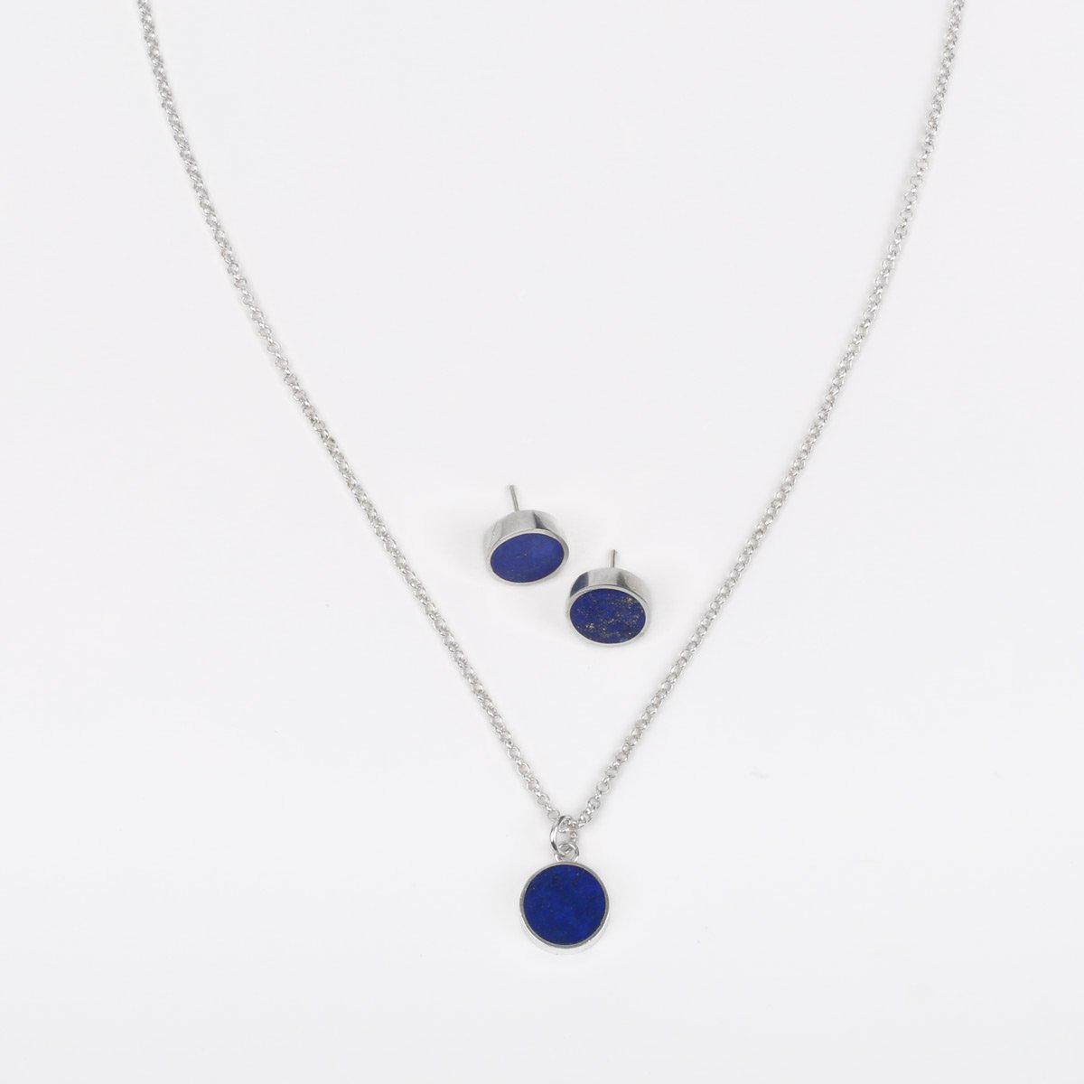 Lapis Lazuli Jewelry Set | Flat Round Necklace & Studs 