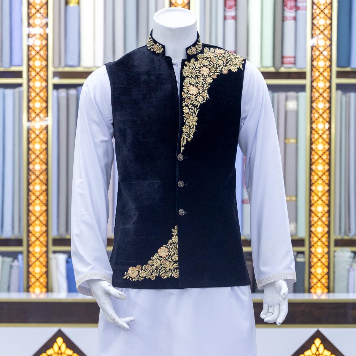 Navy Blue Arabic Men's Waistcoat with White Outfit | Velvet Vest with Grace Ensemble. Full Pehran Tunban Set