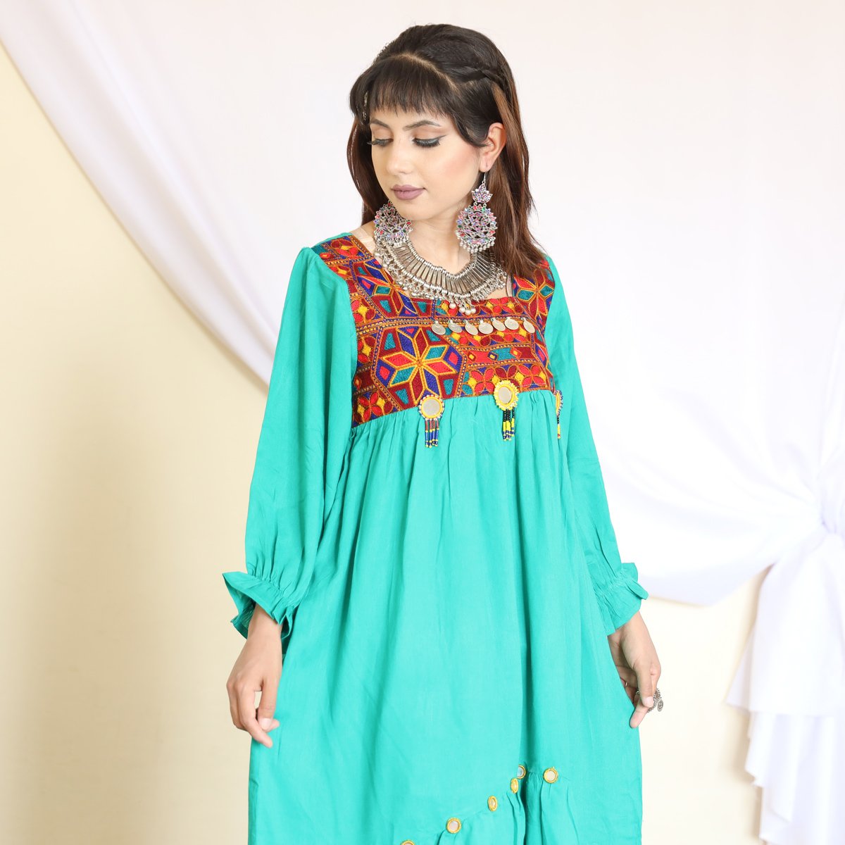 Cyan Linen Pawli Embroidered Long Dress |Floral Stitch Cuff Sleeves Long Dress 