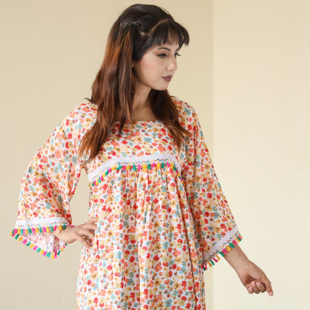 Cream All-over Floral Print Long Gown | Cotton Casual Wear Dress