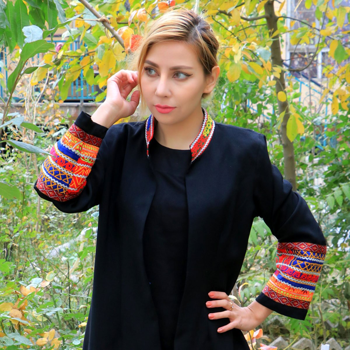 Crepe Collared Coat | Black Cherma Embroidered Coat 