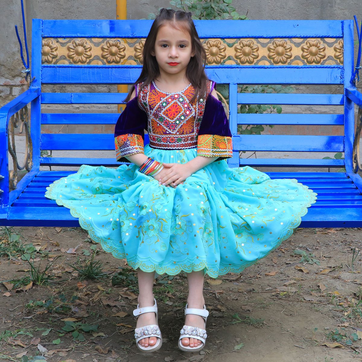Blue Floral Stitched Baby Girl Frock | Open Sleeve Embroidered Frock 
