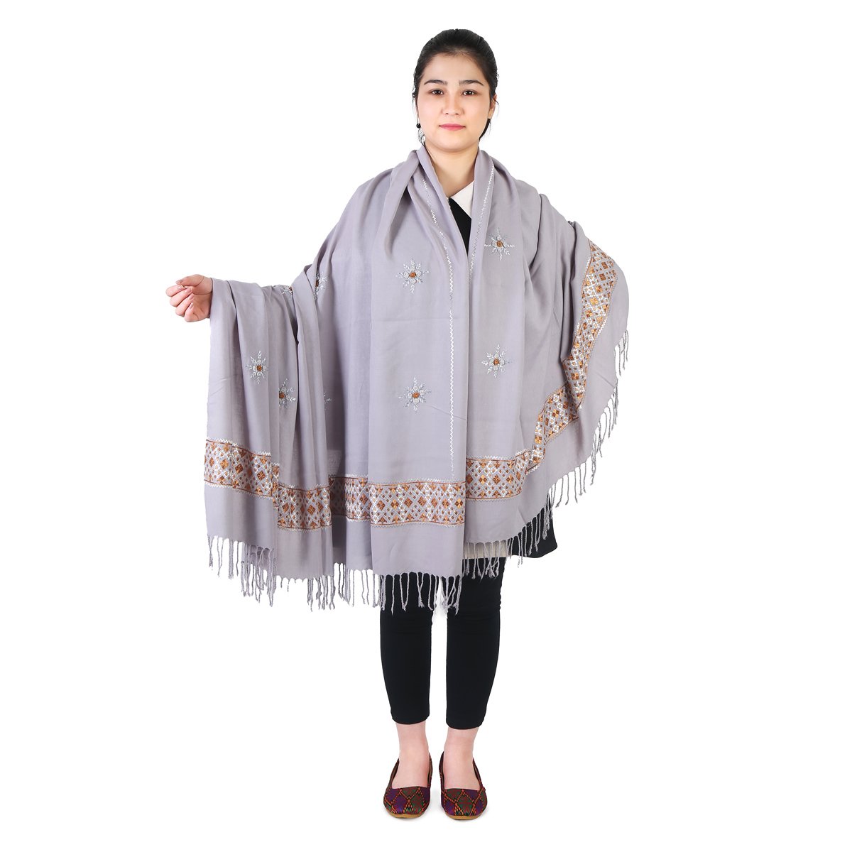 Gray Cotton Hazaragi Shawl With Brown Embroidery 