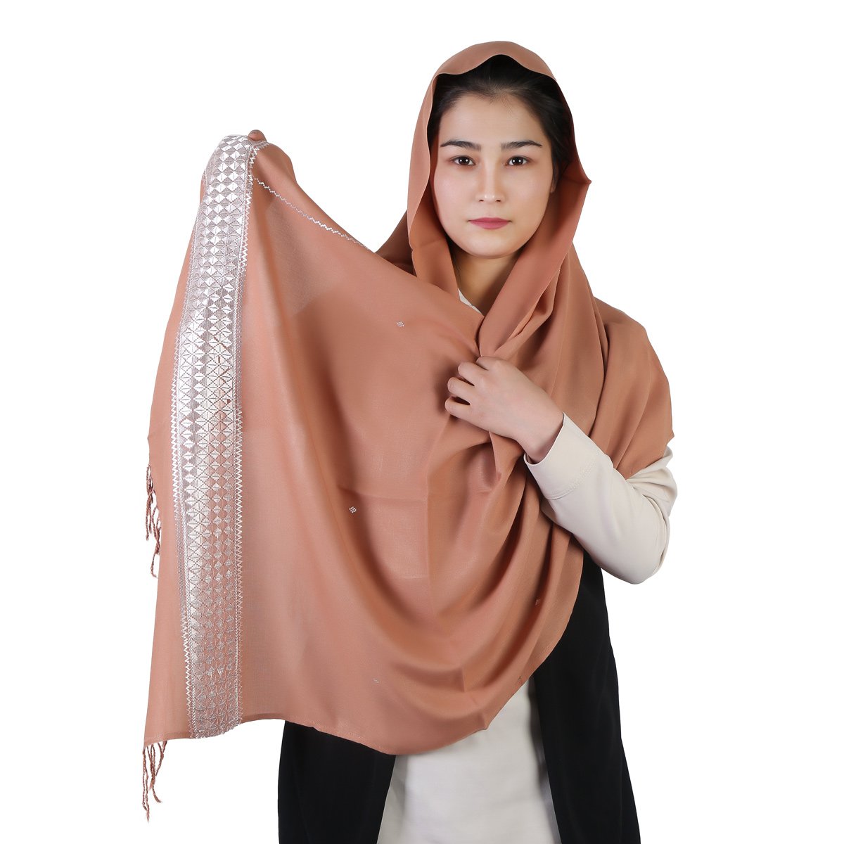 Cider Orange Women Scarf With White Embroidered Borders