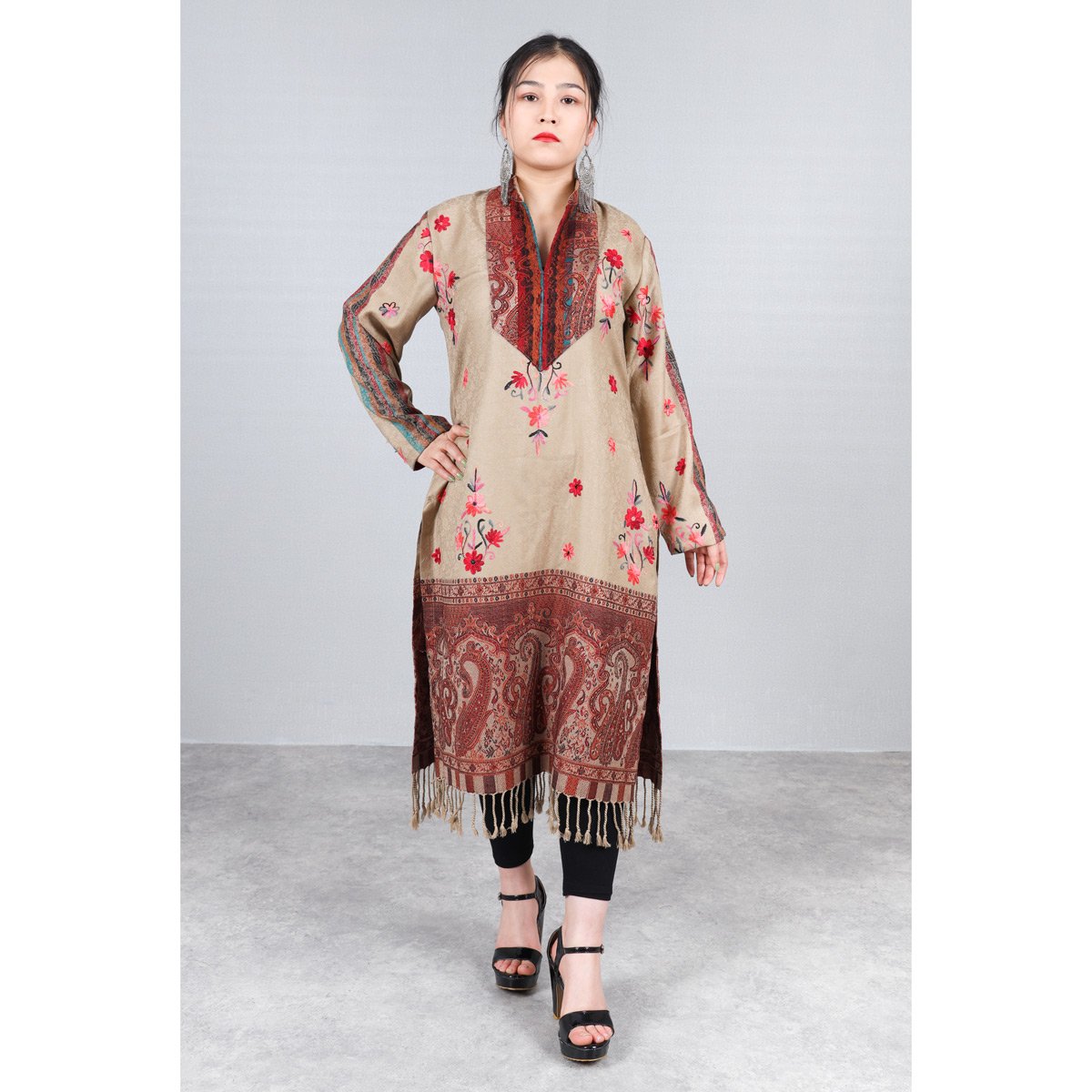 All-Over Floral Embroidered Dress | Brown Winter Wear Shawl Dress 