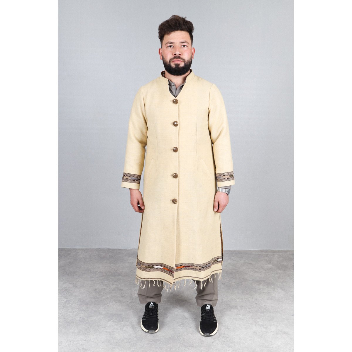Cream Woolen Coat | Long Embroidered Men's Coat
