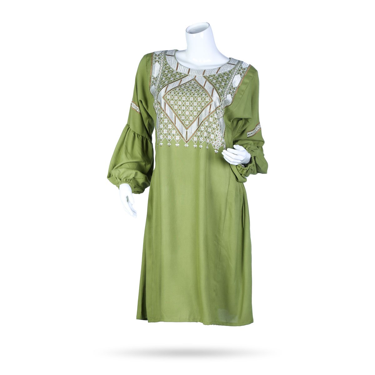 Green Cuffed Sleeves Plain Dress | Cotton Casual Wear 