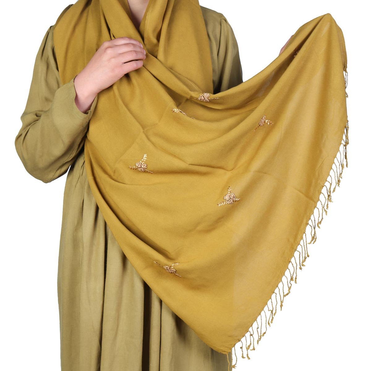 Deep Saffron Cotton Scarf | All-Over Embroidered Scarf 