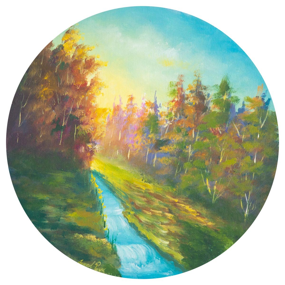 Fall Trees Covering the River Painting | Sunny Fall Scene 